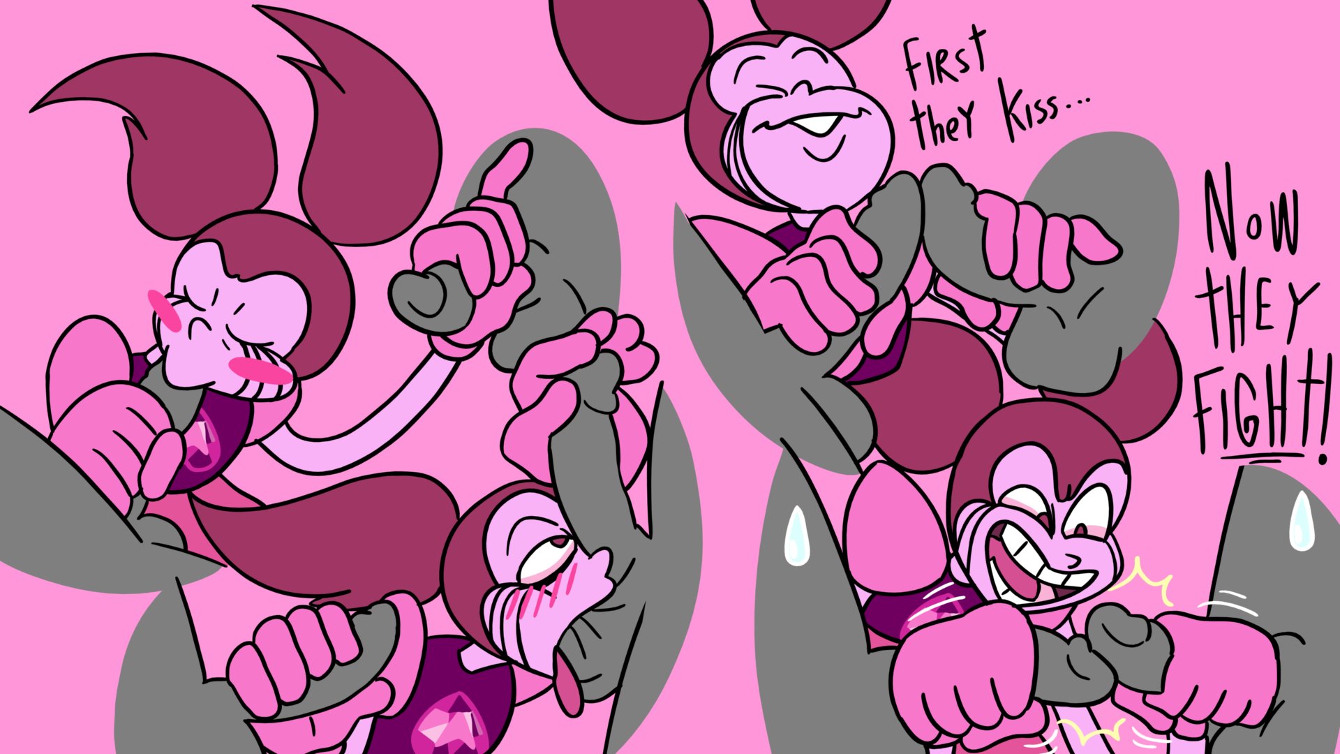 1girls, 2boys, balls, balls sucking, bisexual, blush, cartoon network, fellatio, female, frottage, gem (species), handjob, jones boi, jonesbo50034805, male, oral, penis, penises touching, pink hair, rolling eyes, spinel (steven universe), steven universe, threesome, twin