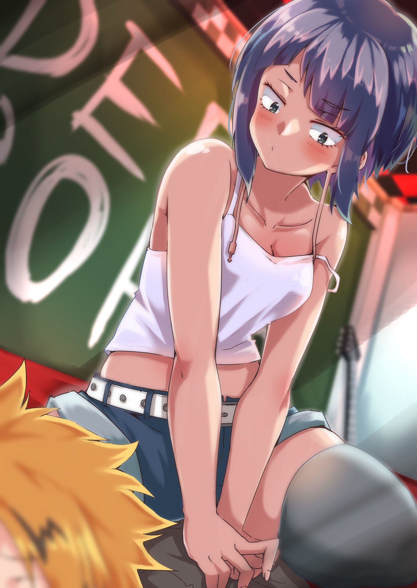 1boy, 1girls, athletic, athletic female, boku no hero academia, denki kaminari, fanon couple, female, female focus, hourglass figure, jirou kyouka, kaminari denki, kyoka jiro, male, my hero academia, pose, posing, purple hair, purple-haired female, shinonome mozuku, tagme, wide hips