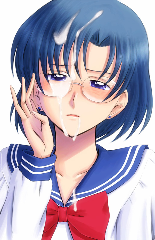 1girls adjusting_eyewear ami_mizuno bishoujo_senshi_sailor_moon blue_hair blue_sailor_collar bonnie_(rsg) bow bowtie clothing collarbone collared_shirt cum cum_on_clothes cum_on_eyewear cum_on_face cum_on_hair earrings facial female female_only glasses jewelry long_sleeves looking_at_viewer open_mouth red_bow red_neckwear rimless_eyewear sailor_collar sailor_shirt school_uniform serafuku shirt short_hair solo upper_body white_shirt