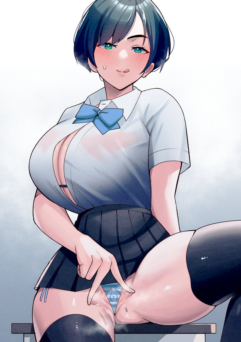 1girls big_ass big_breasts blue_hair blue_panties c-kyuu enormous_breasts female huge_breasts original pussy_peek pussy_slip school_uniform schoolgirl short_hair thick_legs thick_thighs very_short_hair