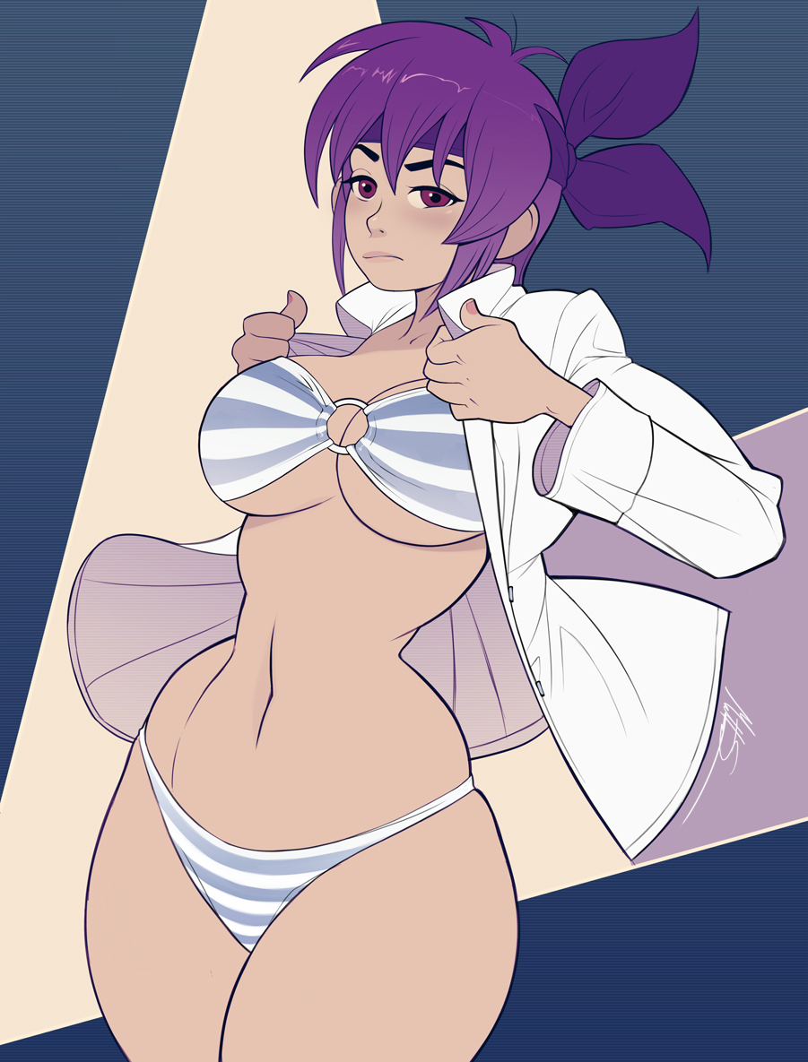 1girls, ayane (doa), bikini, breasts, cleavage, dead or alive, female, female only, hairbow, jacket, large breasts, looking at viewer, msperoni, open jacket, purple eyes, purple hair, triplexmile, voluptuous