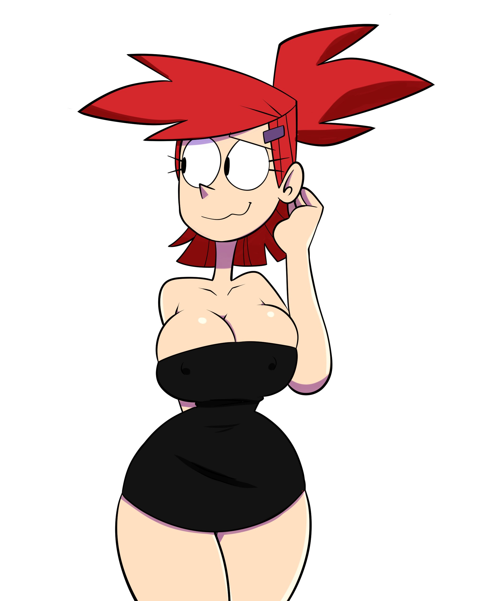 1girls, big breasts, black dress, black eyes, breasts, cartoon network, cleavage, dress, fair skin, female, female focus, female only, foster's home for imaginary friends, frankie foster, light skin, light-skinned female, looking away, monamania, narrow shoulders, nipple bulge, red hair, simple background, skirt, smile, solo, solo female, solo focus, standing, sweetdandy, thin waist, tight clothing, white background