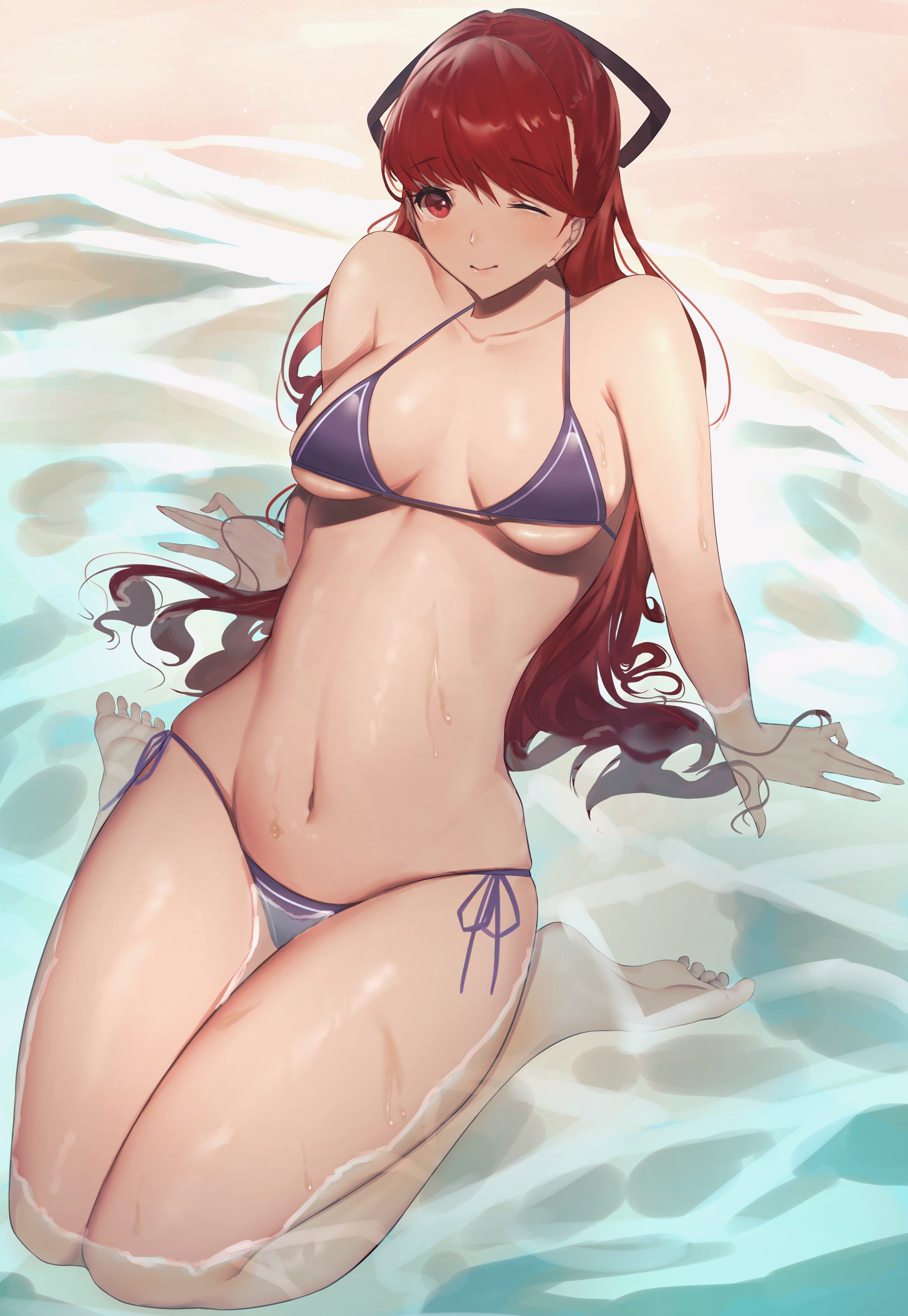 1girls, 2d, artist request, beach, bikini, female, hair ribbon, kasumi yoshizawa, persona, persona 5, persona 5 royal, red eyes, red hair, sumire yoshizawa, wink