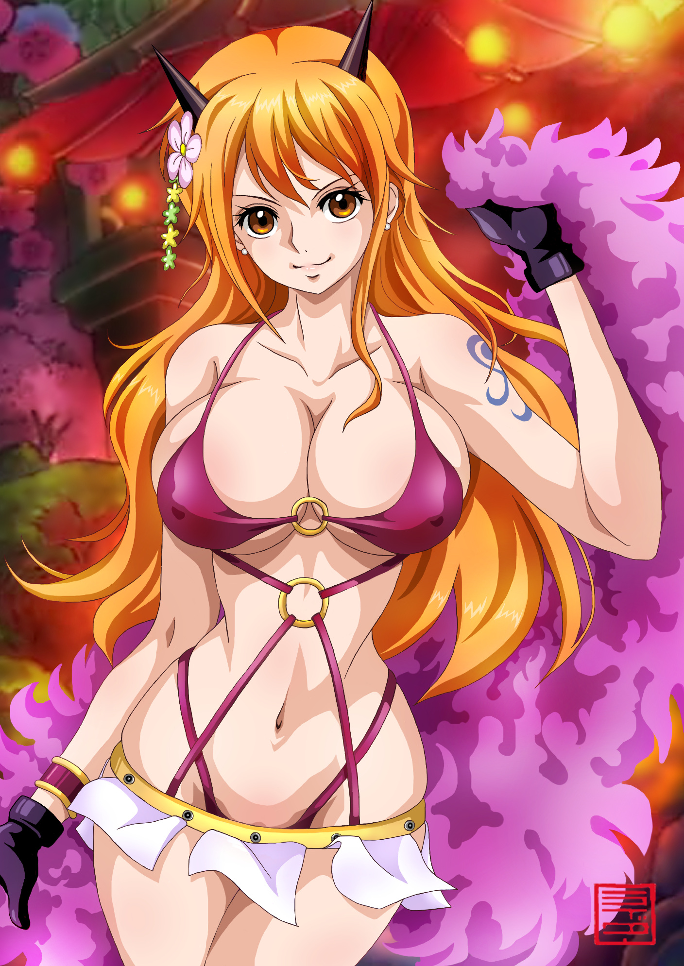 1girls, arm tattoo, bdsm, bdsm gear, bdsm outfit, beast pirates, beast pirates (cosplay), big breasts, bikini, blue tattoo, bondage, bra, bracelet, breasts, cape, curvy, female, female only, flower in hair, gloves, hair ornament, horns, log pose, long hair, nami (one piece), navel, one piece, orange hair, orange-haired female, raida (j5einmnjp3r49k6), skimpy, skimpy clothes, skirt, solo, tattoo, tattoo on arm, tattooed arm, thong, wano country