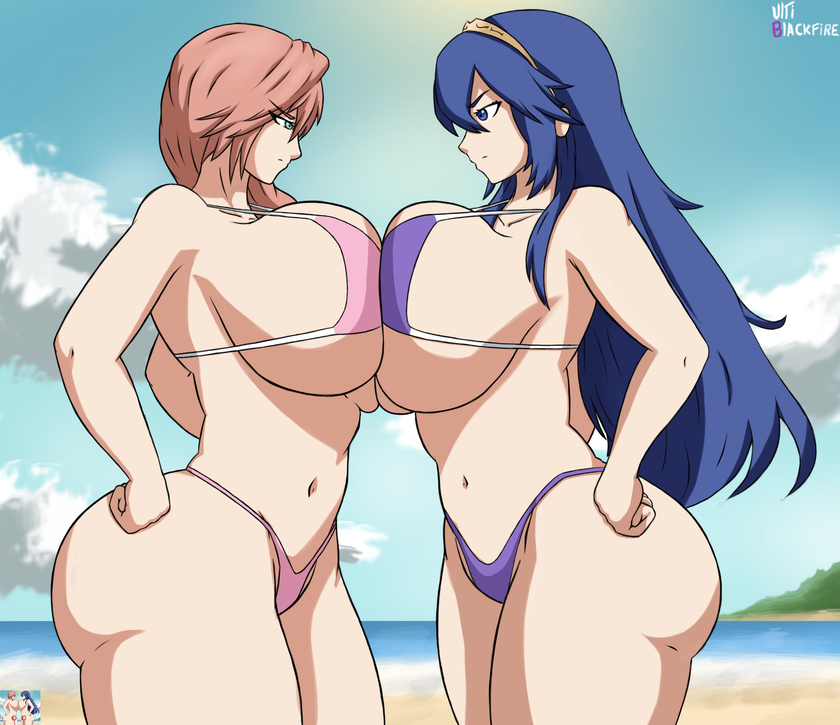 2girls, alternate breast size, alternate costume, angry, ass, beach, big ass, big breasts, bikini, blue eyes, blue hair, breast press, breasts, bursting breasts, catfight, crossover, curvy, eclair farron, face to face, female, fight, final fantasy, final fantasy xiii, fire emblem, fire emblem awakening, green eyes, hair between eyes, huge breasts, large ass, long hair, looking at another, lucina (fire emblem), nintendo, ocean, orange hair, pink bikini, pink swimsuit, purple bikini, purple swimsuit, sand, seaside, sideboob, standing, staredown, swimsuit, symmetrical docking, thick thighs, ultiblackfire, underboob, voluptuous