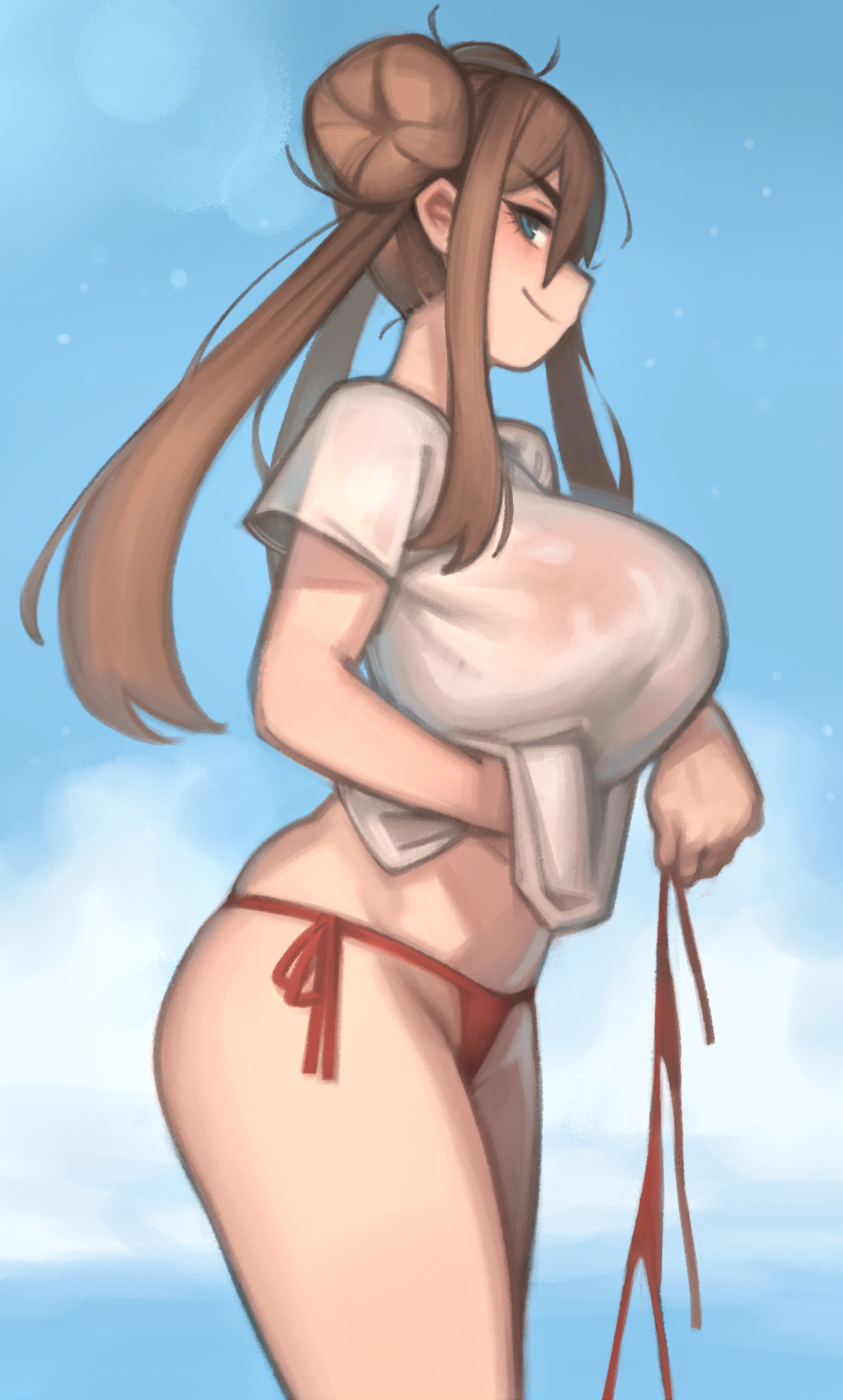 1girls, aged up, big breasts, bikini bottom, blue eyes, breasts, brown hair, clothes, female, human, kelvin hiu, nintendo, pokemon, pokemon bw2, rosa (pokemon), seductive smile, solo, t-shirt, underwear, wet clothes