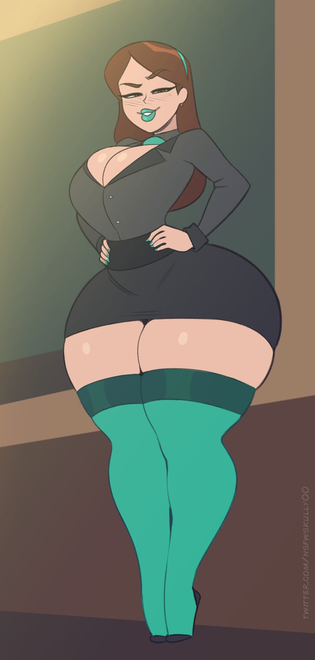 2022 2d bedroom_eyes big_ass big_breasts boob_window curvy earrings eyebrow_raise hands_on_hips hourglass_figure huge_ass huge_breasts human light-skinned_female light_skin ms_barrett smug tagme teacher teal_lipstick teal_nails thick_thighs thighhighs voluptuous zetaskully