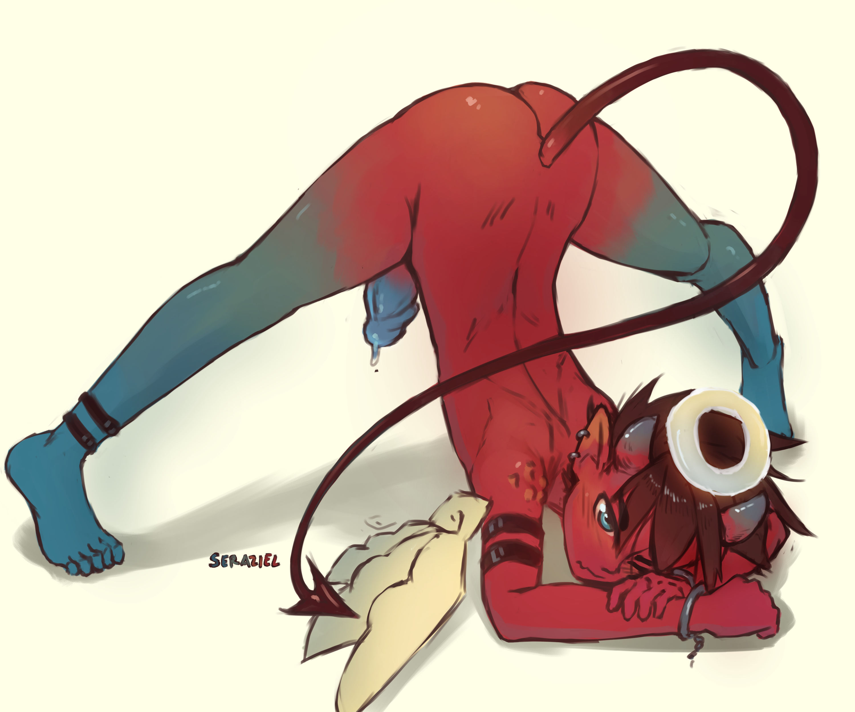 1boy, ass, blue glans, cute male, demon, femboy, girly, jack-o pose, male, male only, original, original character, penis, red penis, seraziel, solo, spread legs, twink, yaoi, zel (seraziel)