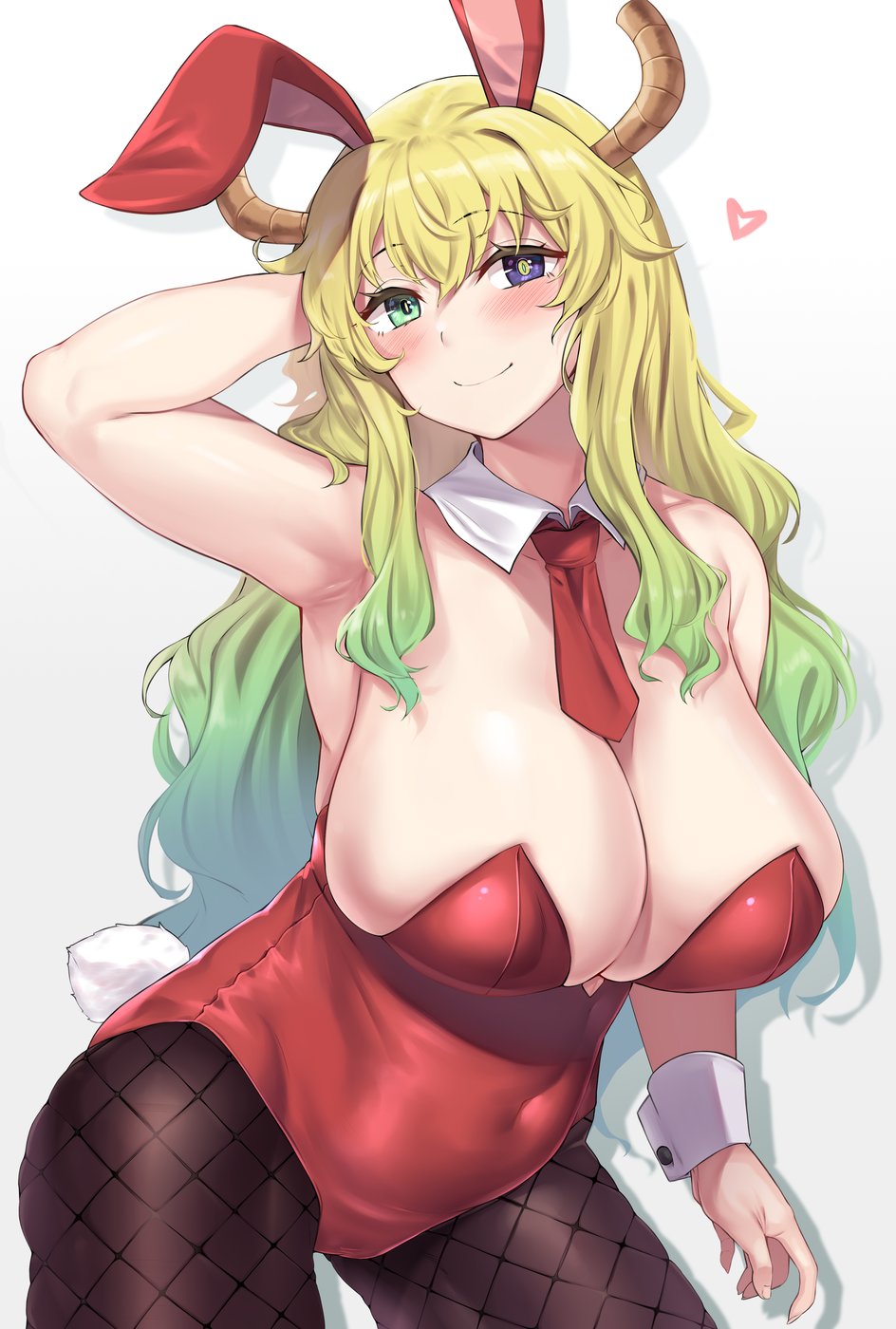 breasts, bunny ears, bunnysuit, dragon girl, dragon horns, female, female only, fishnet legwear, fishnets, heterochromia, huge breasts, humanoid, leotard, light skin, light-skinned female, long hair, looking at viewer, milf, miss kobayashi's dragon maid, moisture (chichi), pantyhose, quetzalcoatl (dragon maid), solo, solo female, two-tone hair