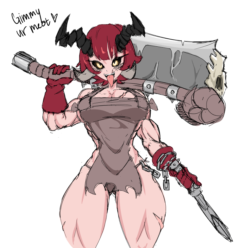 apron bangs biceps black_sclera blacksmith blacksmith_apron buff butcher chain cleaver demon_eyes demon_girl demon_horns diablo diablo_3 evil_eyes female gloves glowing_eyes hammer heroes_of_the_storm muscles muscular_female muscular_thighs plain_background pointy_tongue red_hair rude rule_63 slit_eyes solo solo_female solo_focus thigh_gap tongue_sticking_out void_dot_exe weapon weapon_on_shoulder weapon_over_shoulder white_background yellow_eyes