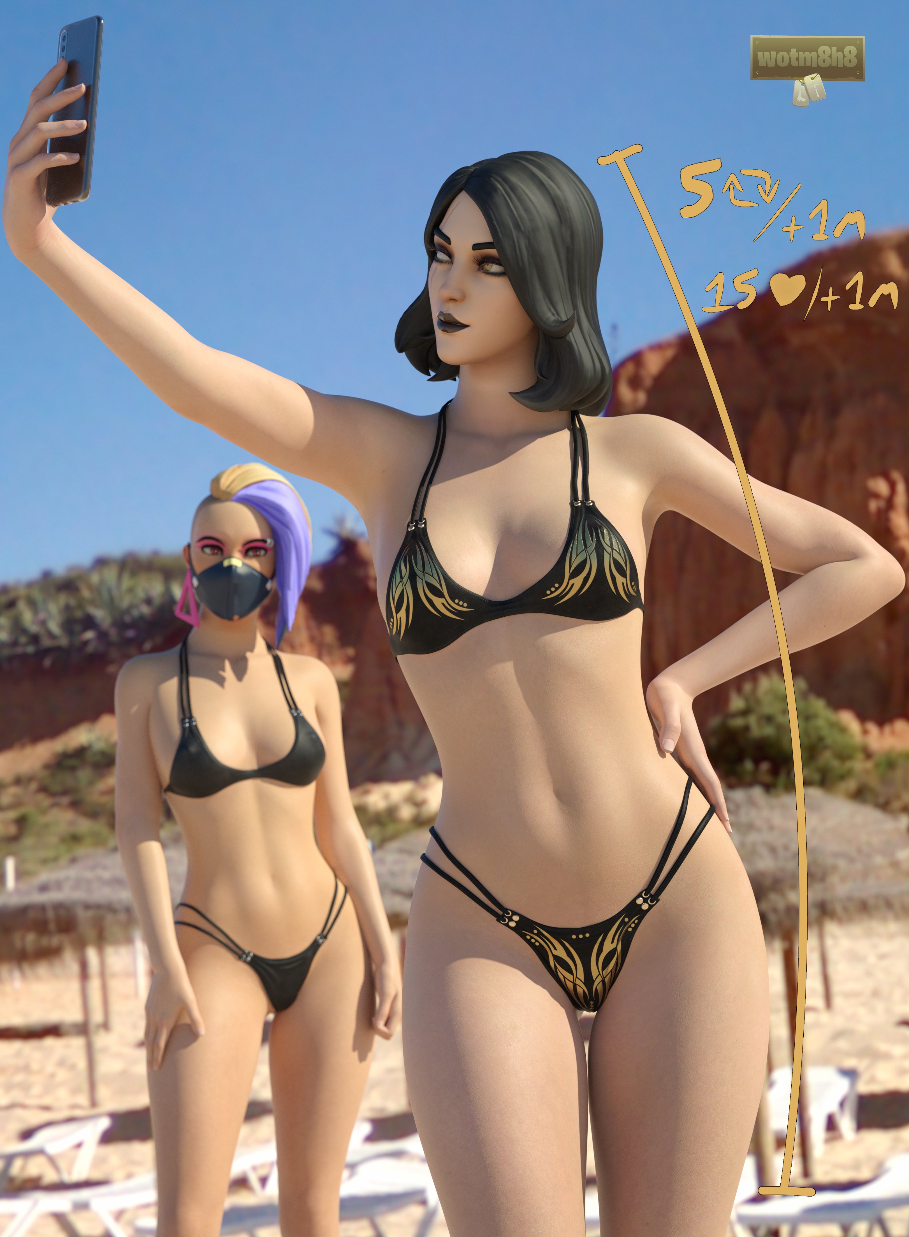 2girls, 3d, beach, bikini, black hair, black lipstick, breasts, catalyst (fortnite), female, fortnite, fortnite: battle royale, marigold (fortnite), outdoors, outside, selfie, small breasts, tagme, wotm8h8