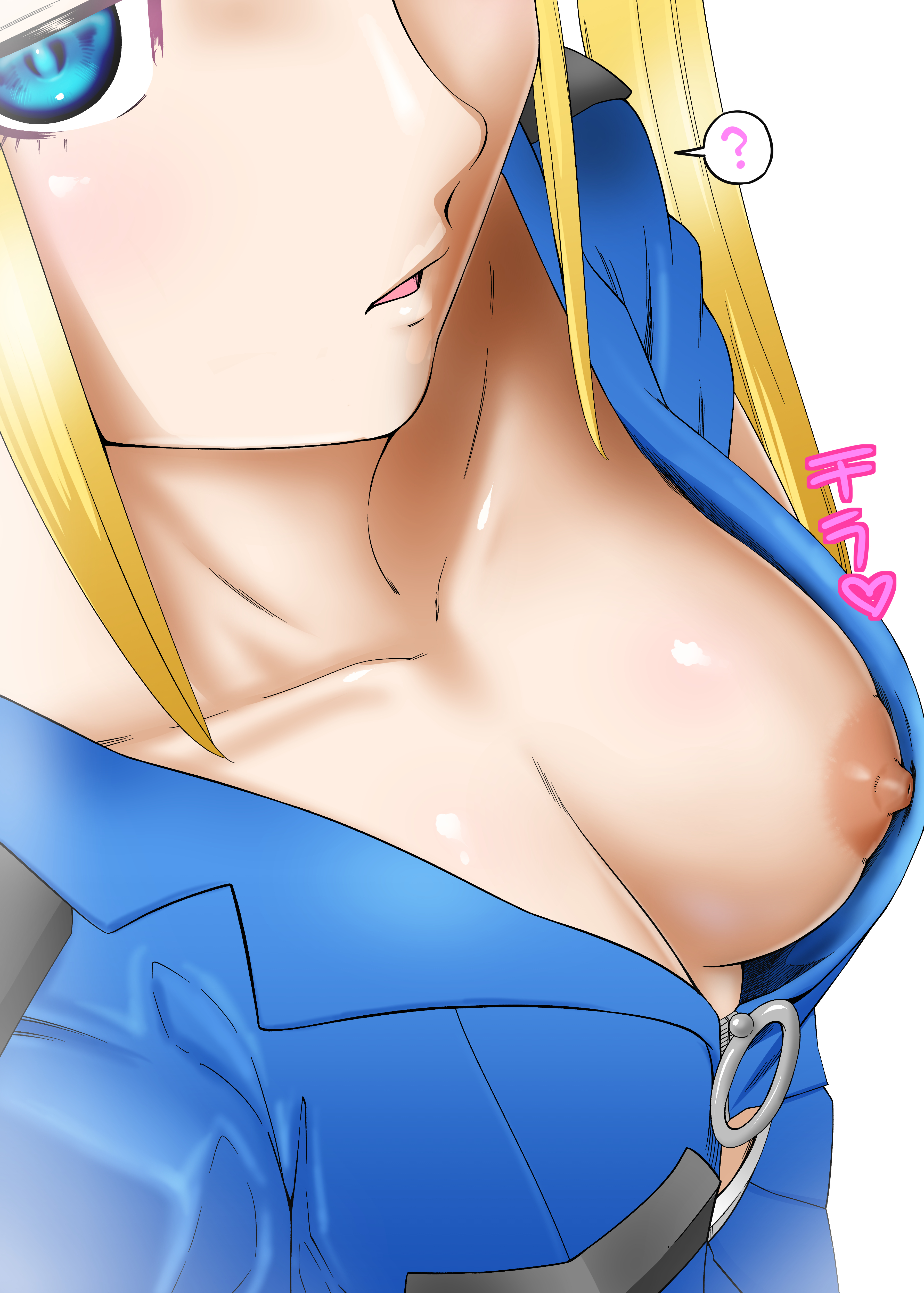 1girls, areolae, blonde hair, blue eyes, breasts, cleavage, close-up, dead or alive, erect nipples, female, female focus, female only, long hair, marie rose, medium breasts, nipples, no bra, police uniform, policewoman, pose, posing, solo, tecmo, twintails, weaponshop, yabu (artist)