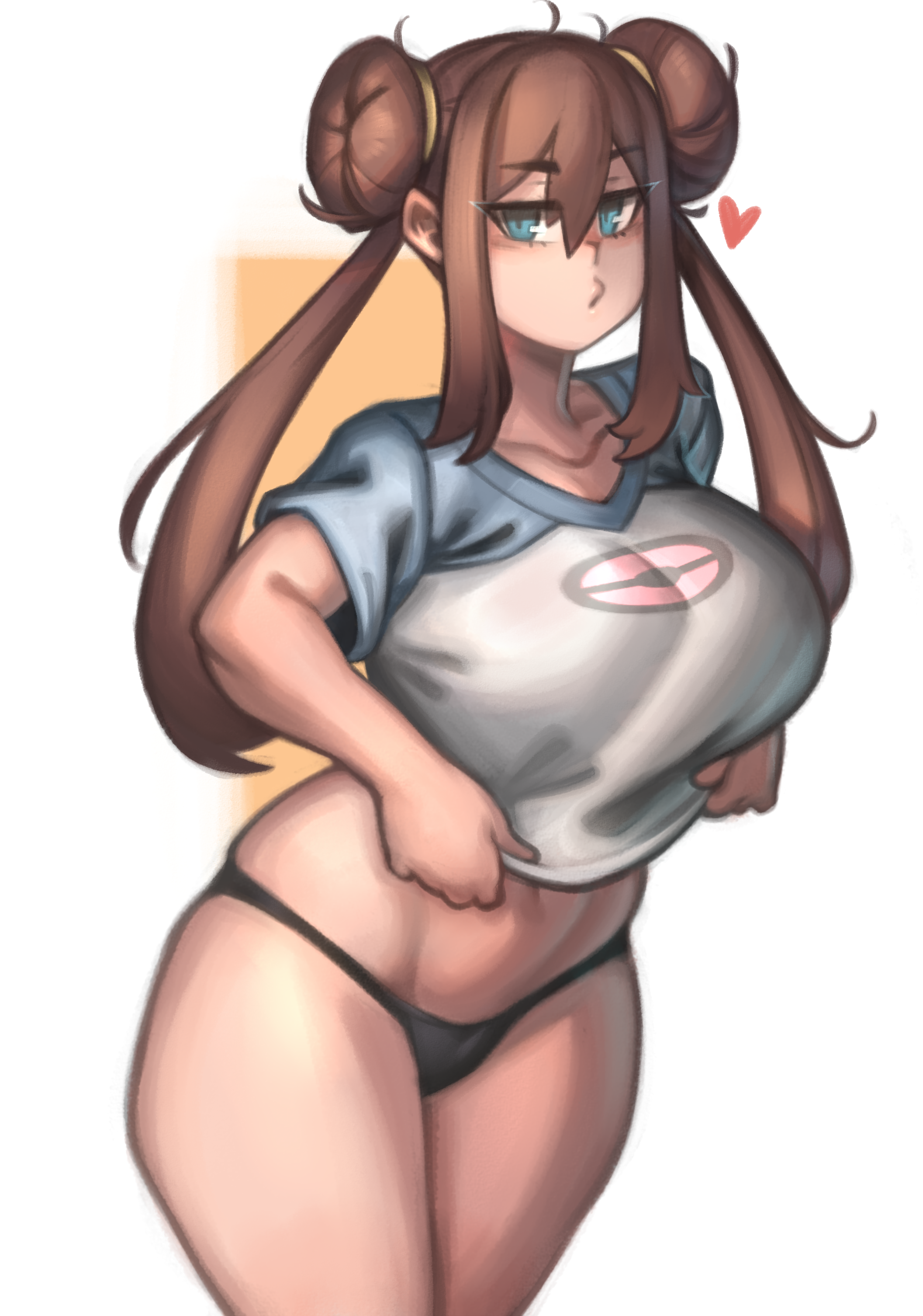 1girls, aged up, alternate breast size, bikini bottom, blue eyes, bottomwear, breasts, brown hair, clothing, female, huge breasts, human, kelvin hiu, nintendo, no pants, panties, pokemon, pokemon bw2, rosa (pokemon), spoken heart, thick thighs, wide hips