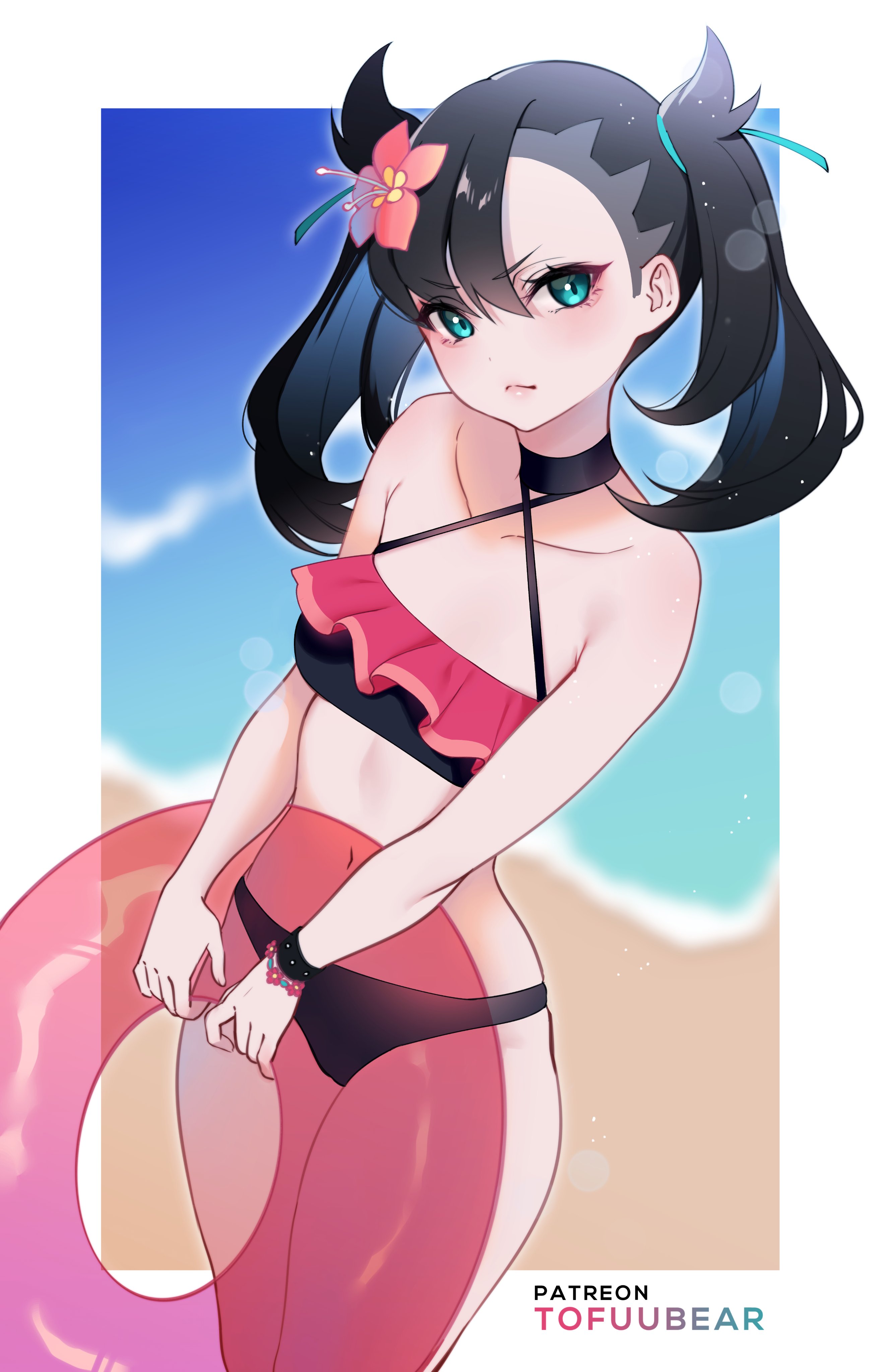 1girls, absurdres, beach, bikini, female, female only, highres, horny, looking at viewer, marnie (pokemon), pokemon, pokemon masters, pokemon ss, solo, summer marnie (pokemon masters), tofuubear