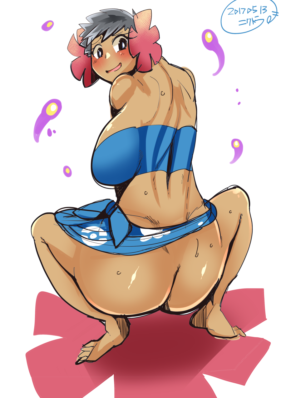 armless ass bandeau bikini black_hair blush breasts creatures_(company) dark-skinned_female dark_skin elite_four female flower game_freak hair_flower hair_ornament highres huge_breasts large_breasts looking_back nintendo niwatora no_panties phoebe_(pokemon) pokemon pokemon_(game) pokemon_rse sarong short_hair smile squatting sweat swimsuit