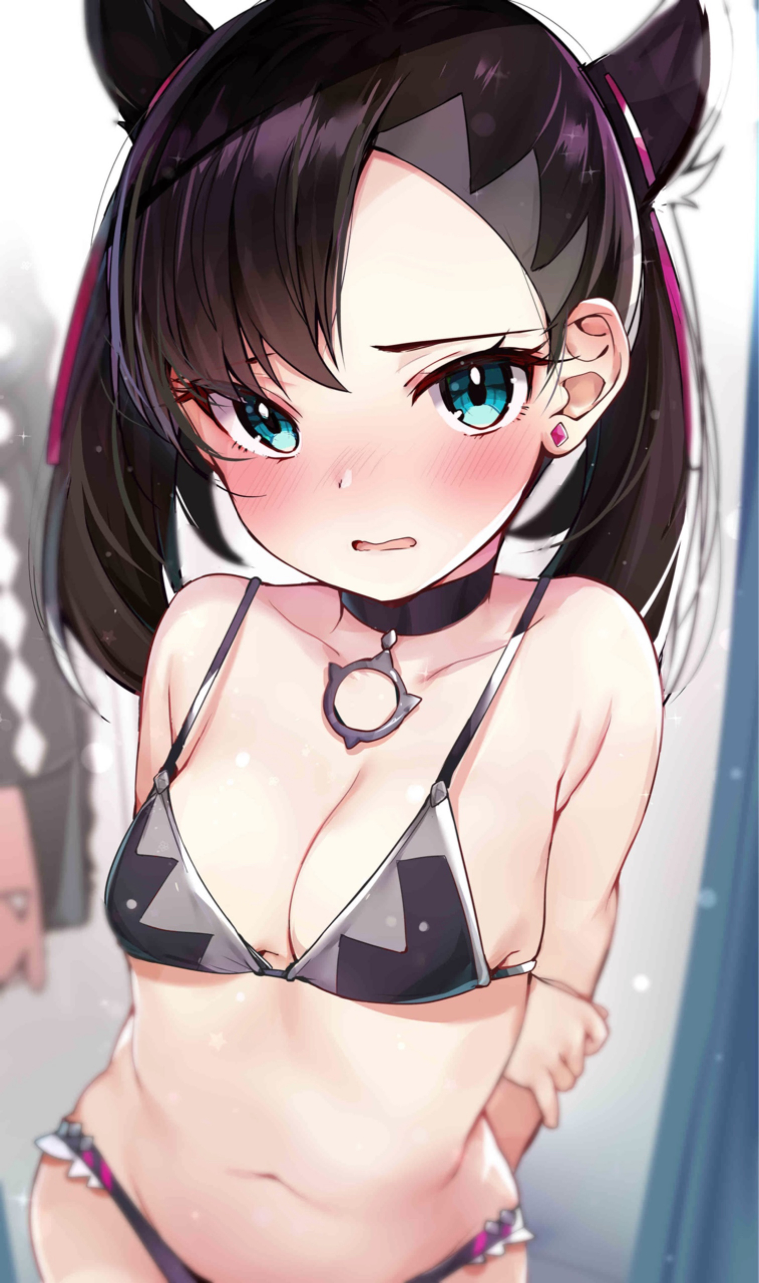 absurdres, arm behind back, asymmetrical bangs, bangs, bare shoulders, bikini, black bikini, black hair, blue eyes, blurry, blush, breasts, choker, cleavage, collarbone, commentary request, creatures (company), depth of field, earrings, embarrassed, female, game freak, highres, jewelry, long hair, looking at viewer, marnie (pokemon), medium breasts, navel, nintendo, open mouth, pokemon, pokemon (game), pokemon ss, rouka (akatyann), solo, standing, stomach, swimsuit, twintails