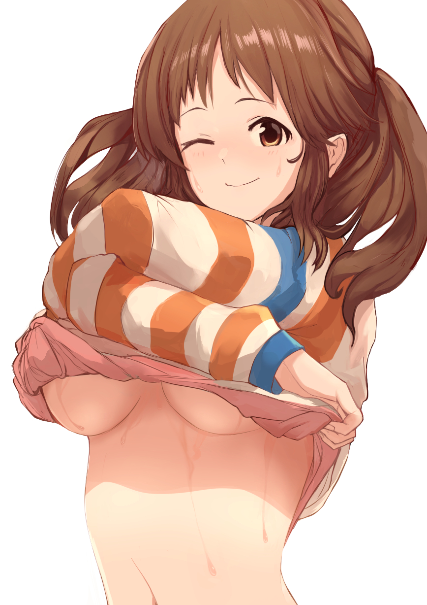 10s arm_wrap belly blush breasts brown_eyes brown_hair closed_mouth clothes_lift crossed_arms female highres idolmaster idolmaster_cinderella_girls long_hair looking_at_viewer medium_breasts navel no_bra one_eye_closed shirt shirt_lift smile solo standing striped striped_sweater sweat sweater sweater_lift totoki_airi twintails underboob upper_body white_background