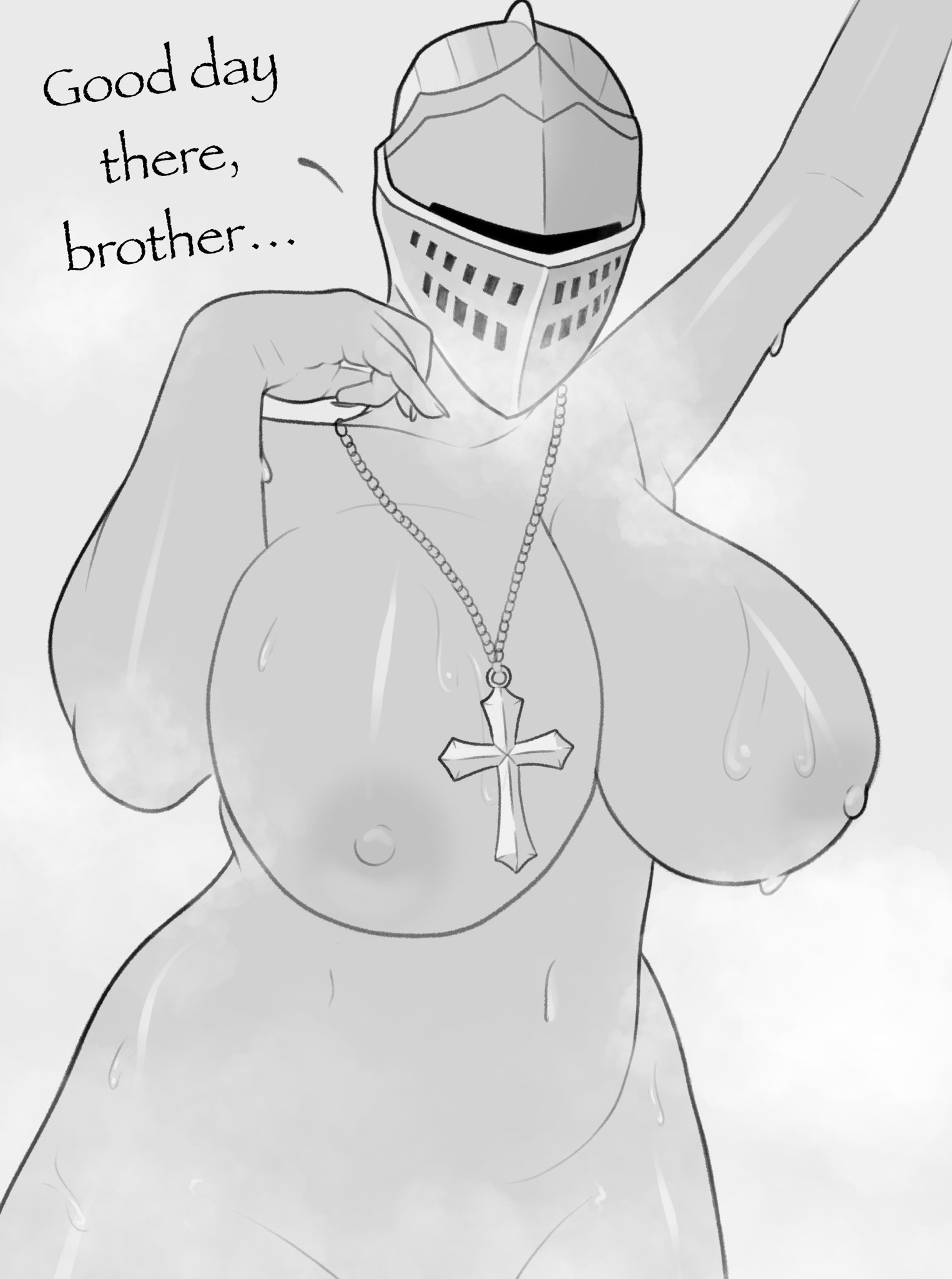 1girls, arms up, belly, big breasts, breasts, completely nude, female, helmet, knight, monochrome, nails, nipples, nude, original, original character, simple background, sweaty body, tagme, tommoku