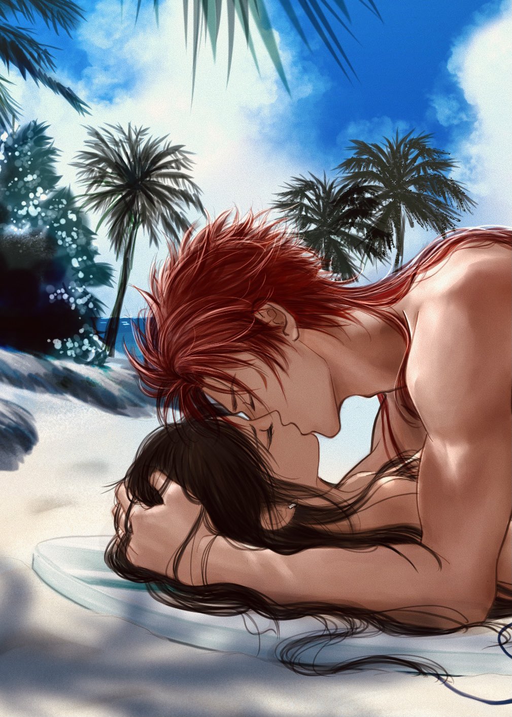 1boy 1boy1girl 1girls beach closed_eyes female final_fantasy final_fantasy_vii final_fantasy_vii_remake hand_in_hair kissing landscape long_hair making_out male male/female outdoors outside palm_tree passionate red_hair reno reno_(ff7) sand seaside sky straight summer tifa_lockhart topless