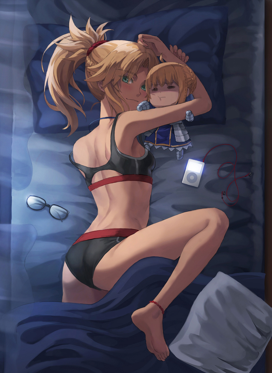 1girls ass barefoot black_and_red_bra black_and_red_panties black_panties blonde blonde_eyebrows blonde_female blonde_hair blonde_hair_female blush bra bra_strap_down earbuds fate/grand_order fate_(series) feet glasses green_eyes ipod looking_at_viewer lying mordred_(fate) panties ponytail saber sports_bra tagme thighs tonee