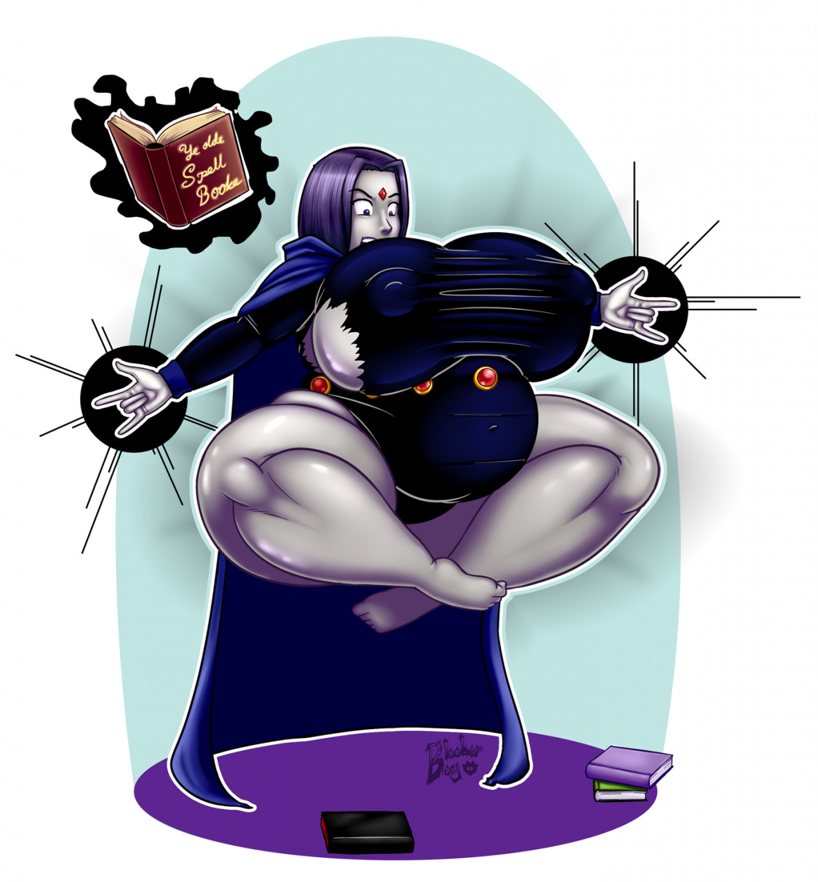 1girls, belly, belly expansion, big belly, blooberboy, breast expansion, breast growth, breast growth (enlargement), breasts, dc, dc comics, erect nipples, expansion, female, female only, grey skin, huge breasts, inflation, large breasts, lewdbox, massive breasts, nipples, purple hair, rachel roth, raven (dc), solo, teen titans, thick thighs, torn clothes, torn clothing