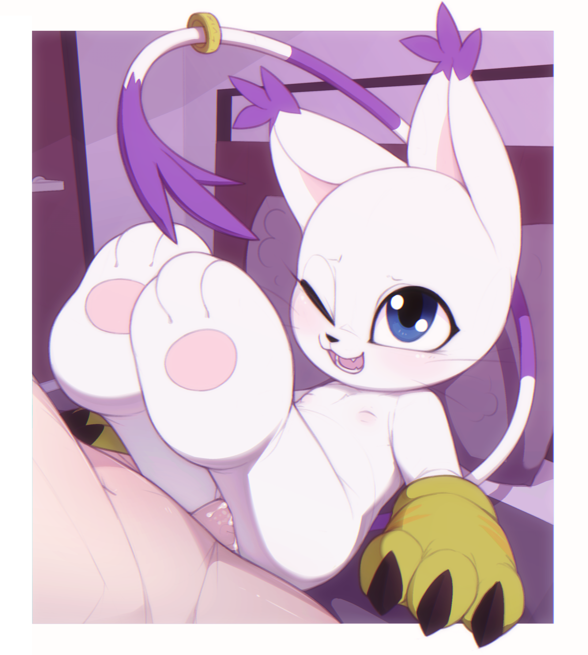 anthro, anthro penetrated, bandai namco, bed, bedroom, big eyes, big feet, black nose, blue eyes, blush, bodily fluids, border, breath, clothing, cum, cum in pussy, cum inside, cum on penis, detailed background, digimon, digimon (species), digiphilia, duo, ear tuft, faceless character, faceless male, feet, felid, feline, female, female focus, female on human, female penetrated, flat chested, foot focus, furniture, gatomon, genital fluids, genitals, gloves, handwear, hi res, human, human on anthro, human penetrating, human penetrating anthro, interspecies, jewelry, kekitopu, larger male, legs up, looking at another, looking at partner, looking up, male, male on anthro, male penetrating, male penetrating female, male/female, mammal, mostly nude, on bed, open mouth, open smile, outside border, paws, penetration, penile, penile penetration, penis, penis in pussy, pillow, plantigrade, pussy, sex, size difference, smaller female, smaller penetrated, smile, soles, solo focus, tail, tail jewelry, tail ring, tail tuft, tailmon, tuft, vaginal penetration, whiskers, white border