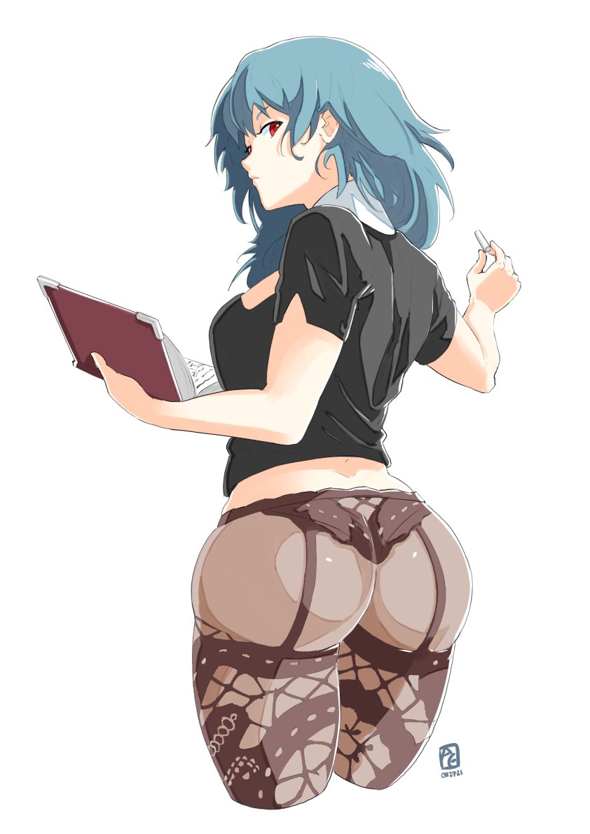 1girls alternate_eye_color automatic_giraffe bangs big_butt blue_eyes blue_hair book breasts butt byleth_(fire_emblem) byleth_(fire_emblem)_(female) chalk cleavage_cutout closed_mouth female female_protagonist fire_emblem fire_emblem:_three_houses garter_belt hair_ornament large_breasts large_butt leggings long_hair looking_at_viewer looking_back medium_breasts medium_hair nintendo panties pantyhose red_eyes simple_background smile solo teacher teal_hair underwear white_background