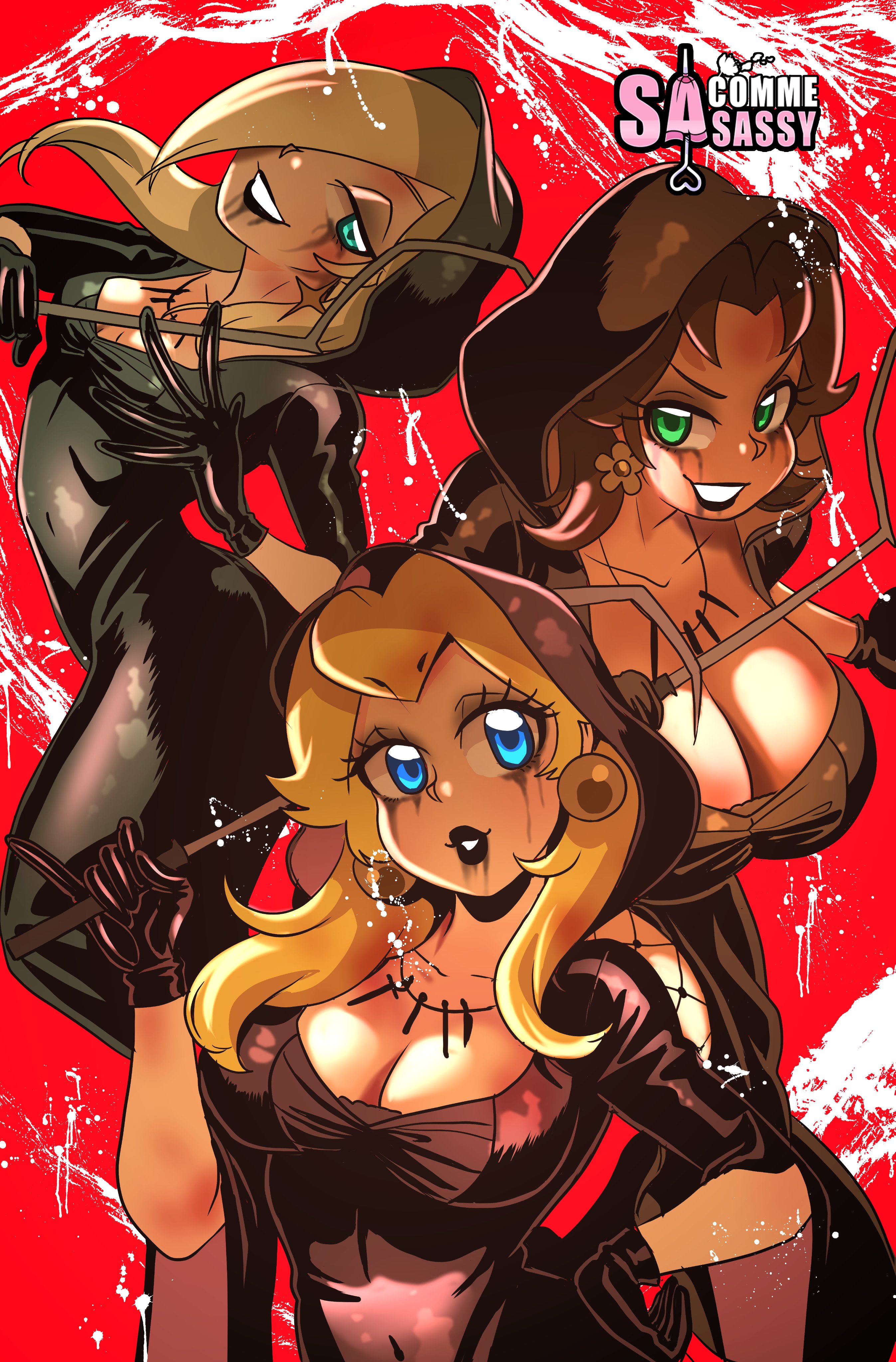 3girls, absurd res, aqua eyes, bela (resident evil), black lipstick, blonde hair, blue eyes, breasts, brown hair, cassandra (resident evil), cleavage, clothed, clothing, crossover, daniela (resident evil), female, female only, gloves, green eyes, looking at viewer, mario (series), multiple females, multiple girls, nintendo, princess daisy, princess peach, princess rosalina, red background, resident evil, resident evil 8: village, ruined makeup, sasatseng, simple background, smile, standing