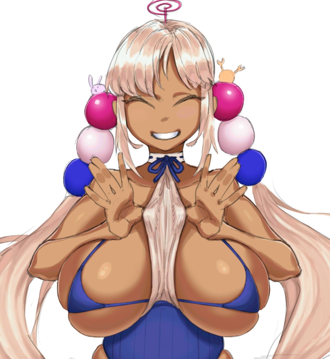 1girls, 2021, barely clothed, barely contained, bikini, blonde hair, blue bikini, breast focus, breasts, brown skin, closed eyes, female, female focus, female only, gyaru, hair ornament, hololive, hololive english, hololive english -council-, huge breasts, long hair, makinakid, micro bikini, simple background, skindentation, smile, smiling, tan, tan skin, tan-skinned female, tanned skin, top pull, tsukumo sana, twintails, underboob, virtual youtuber, white background, white topwear, zoomed view