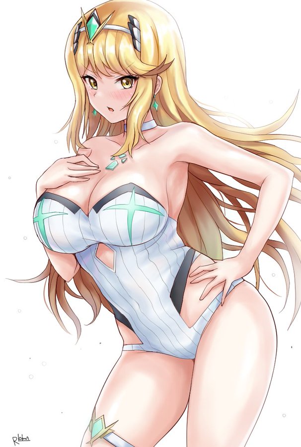 1girls, 2021, bangs, bare legs, big breasts, blonde hair, blush, breasts, cleavage, core crystal, female, female focus, female only, gold eyes, hair ornament, hand on chest, hand on hip, jewelry, large breasts, long hair, looking at viewer, mythra, navel, nintendo, open mouth, solo, swept bangs, thick thighs, thighs, tiara, white background, wide hips, xenoblade (series), xenoblade chronicles 2