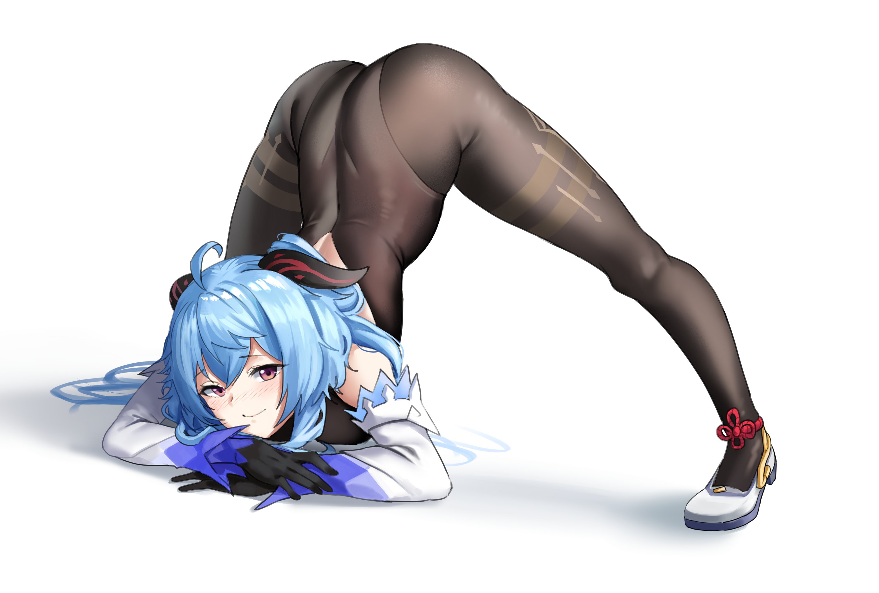 blue hair, blush, dvdraw, face down ass up, female, ganyu (genshin impact), genshin impact, horns, jack-o pose, jackochallenge, top-down bottom-up