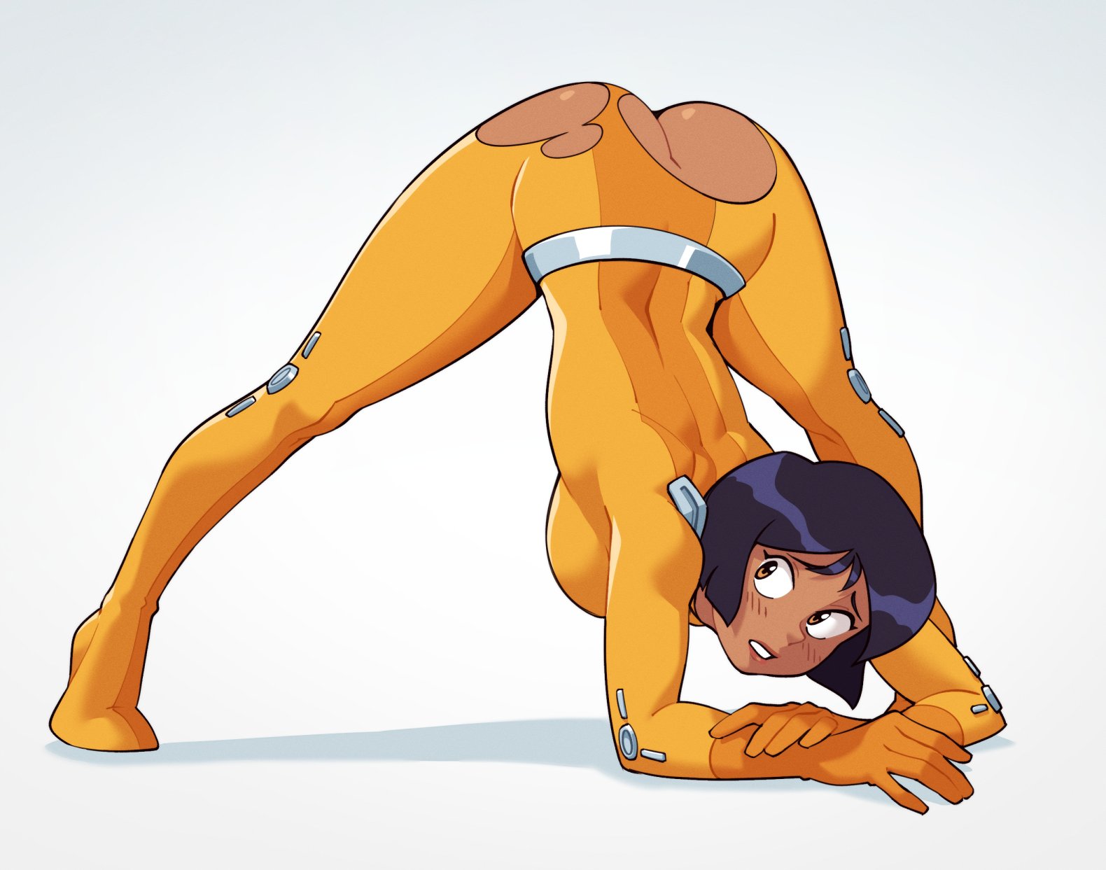 1girls, alex (totally spies), ass, ass up, belt, big ass, black hair, black-haired female, blue hair, blush, bob cut, bodysuit, clothing, dark skin, dark-skinned female, embarrassed, female, female only, handwear, jack-o pose, median furrow, short hair, spread legs, suoiresnu, torn bodysuit, totally spies
