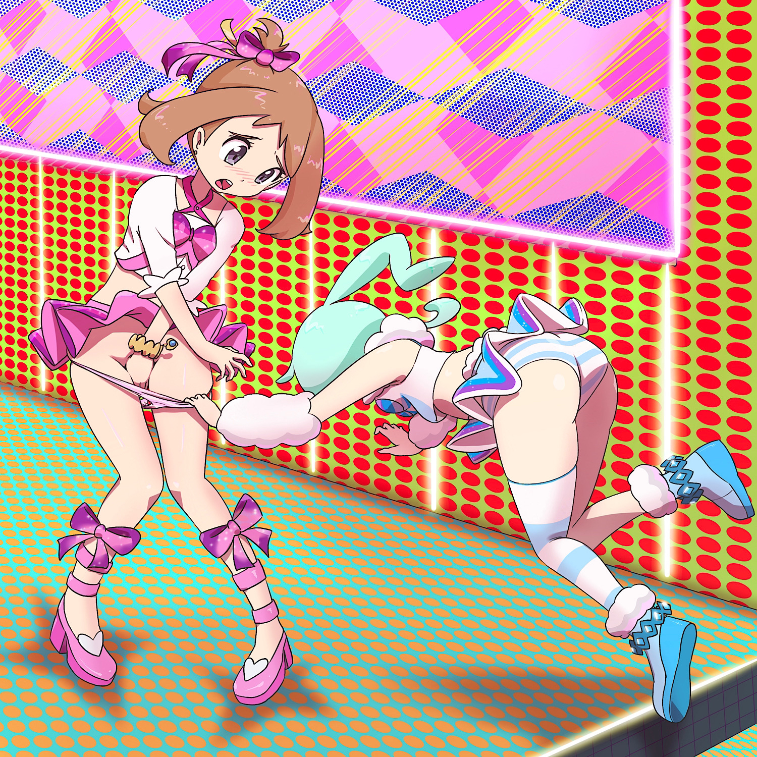 2girls, accidental assisted exposure, accidental circumstance, accidental exposure, ass, assisted exposure, contest dress, female, female only, human, idol, lisia (pokemon), may (pokemon oras), may (pokemon), microsd (artist), multiple females, multiple girls, nintendo, panties, panty pull, pokemon, pokemon oras, thick thighs, upskirt