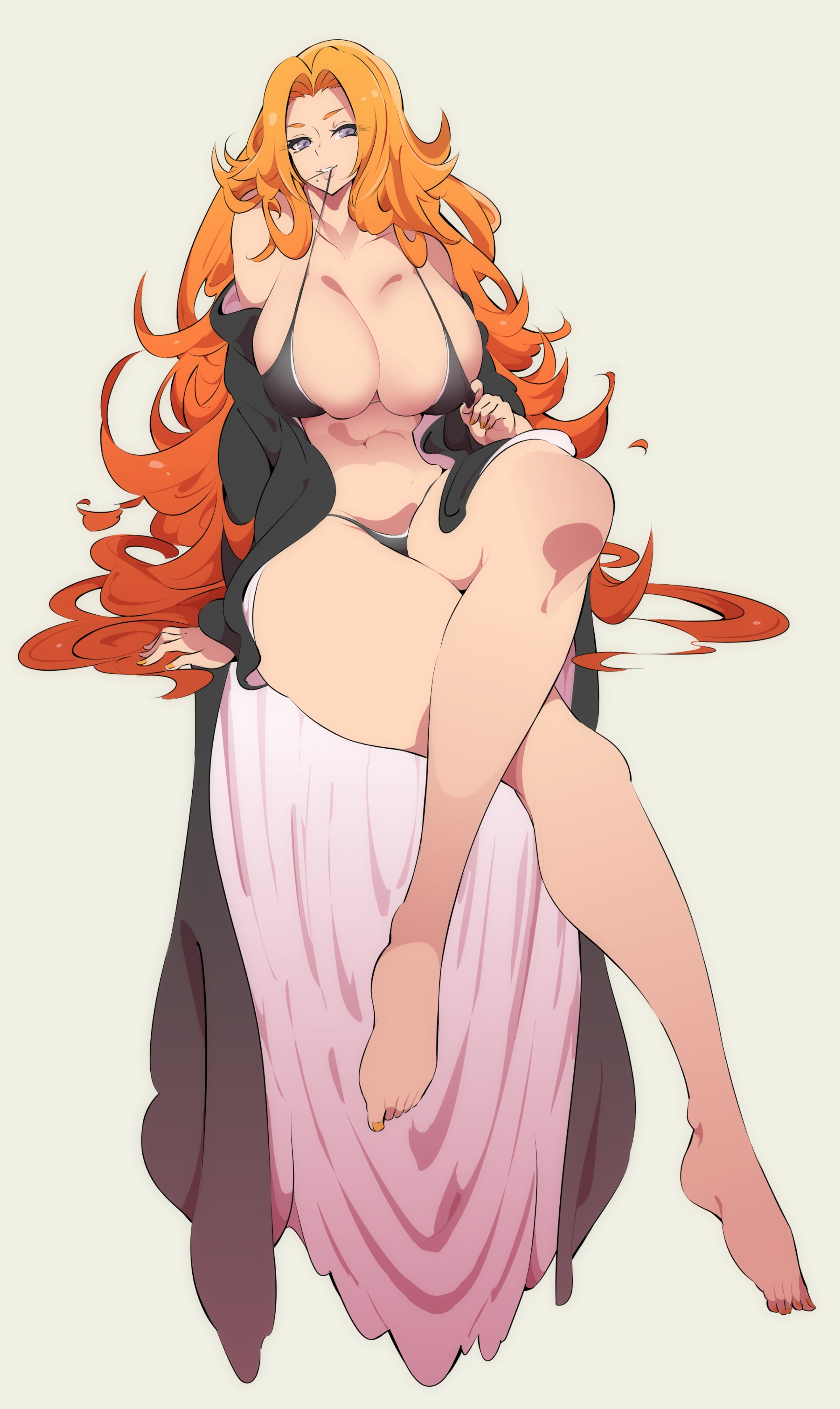 1girls, 2021, bare legs, barefoot, beauty mark, bikini, bikini top in mouth, black bikini, black clothing, bleach, blue eyes, breasts, crossed arms, feet, female, female focus, female only, gold nails, hi res, huge breasts, long hair, long legs, looking at viewer, matsumoto rangiku, mole under mouth, nac000, naughty face, open clothes, orange hair, painted nails, simple background, smile, solo, suggestive look, thick thighs, thighs
