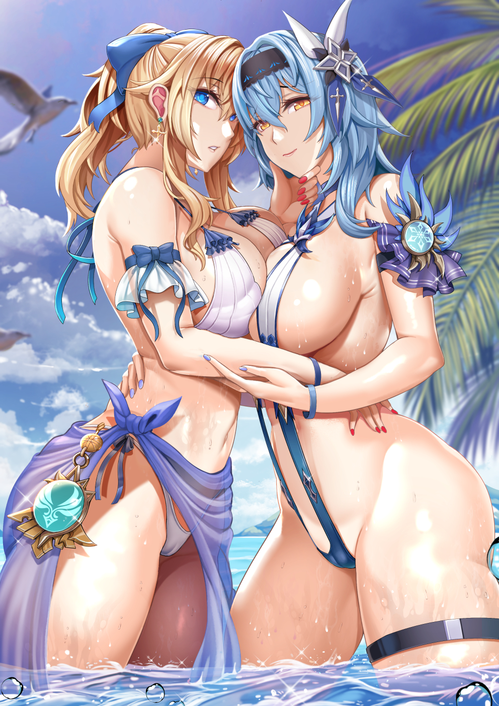 2girls beach big_breasts bikini blonde_hair blue_eyes blue_hair breasts curvy curvy_figure earrings eula_(genshin_impact) female female_only genshin_impact hasaya jean_gunnhildr large_breasts looking_at_viewer nail_polish one-piece_swimsuit swimsuit symmetrical_docking tagme thick thick_thighs thighs voluptuous wet yellow_eyes