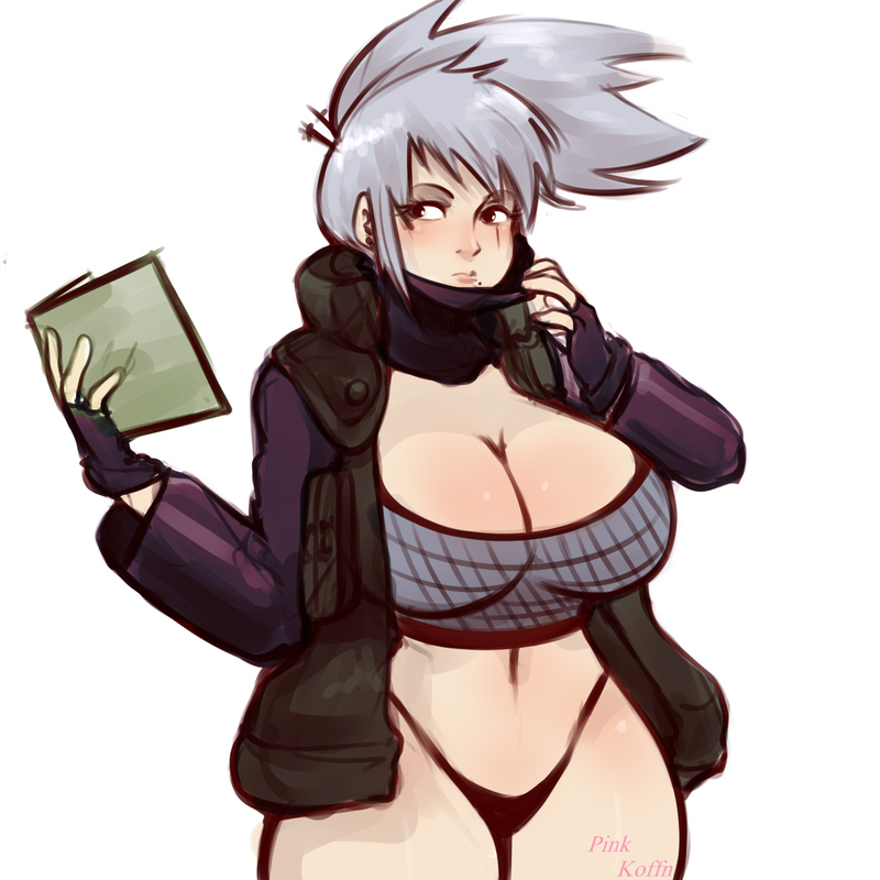 1girls, alternate hairstyle, artist name, big breasts, book, bottomless, breasts, busty, cleavage, clothed female, crop top, cropped legs, curvaceous, curvy, curvy body, curvy figure, facial scar, female, female only, fingerless gloves, gender transformation, genderswap, genderswap (mtf), gloves, hatake kakashi, highleg, highleg panties, holding object, hourglass figure, huge breasts, kakashi hatake, light skin, light-skinned female, long sleeves, midriff, mole, mole under mouth, naruto, naruto (series), naruto shippuden, no bra, no pants, panties, partially clothed, pinkkoffin, pinup, plain background, ponytail, rule 63, scar, scar across eye, sexy no jutsu, shiny, shiny hair, shiny skin, shirt, shounen jump, side ponytail, sidelocks, silver hair, simple background, slim waist, stomach, string panties, text, thong, transformation, underwear, unmasked, vest, watermark, white background, wide hips