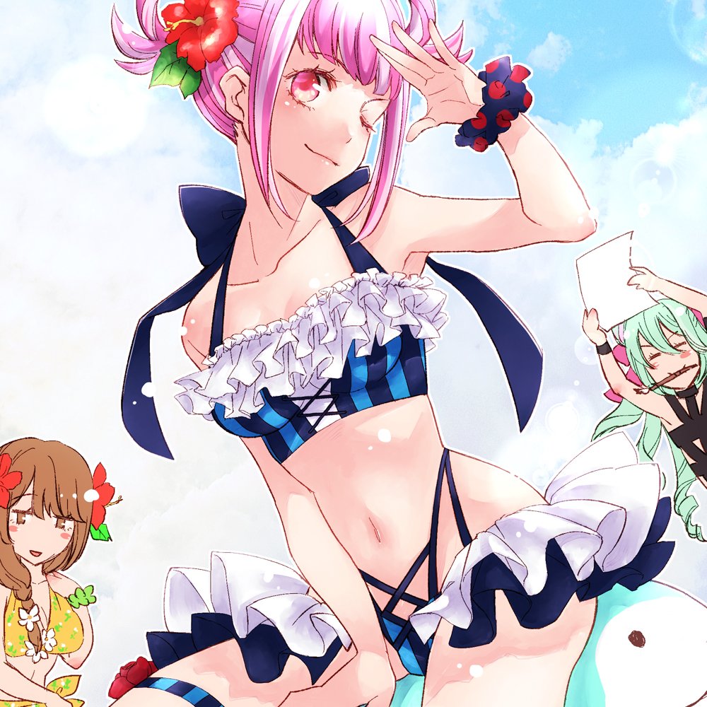 1boy, 2girls, alternate costume, bare shoulders, bikini, blue bikini, blue hair, breasts, brown hair, ebi puri (ebi-ebi), ebipuri, female, femboy, fire emblem, fire emblem engage, goldmary (fire emblem), gothic lolita, green hair, hortensia (fire emblem), lolita fashion, looking at viewer, male, multiple females, multiple girls, nintendo, pink eyes, pink hair, rosado (fire emblem), small breasts, swimsuit, wink, yellow bikini