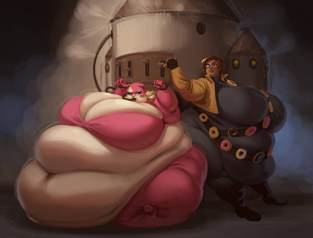 0pik-0ort 2girls bbw commission cream donut fat feeding_tube force_feeding forced_weight_gain machine obese obese_female original original_character ssbbw steam weight_gain