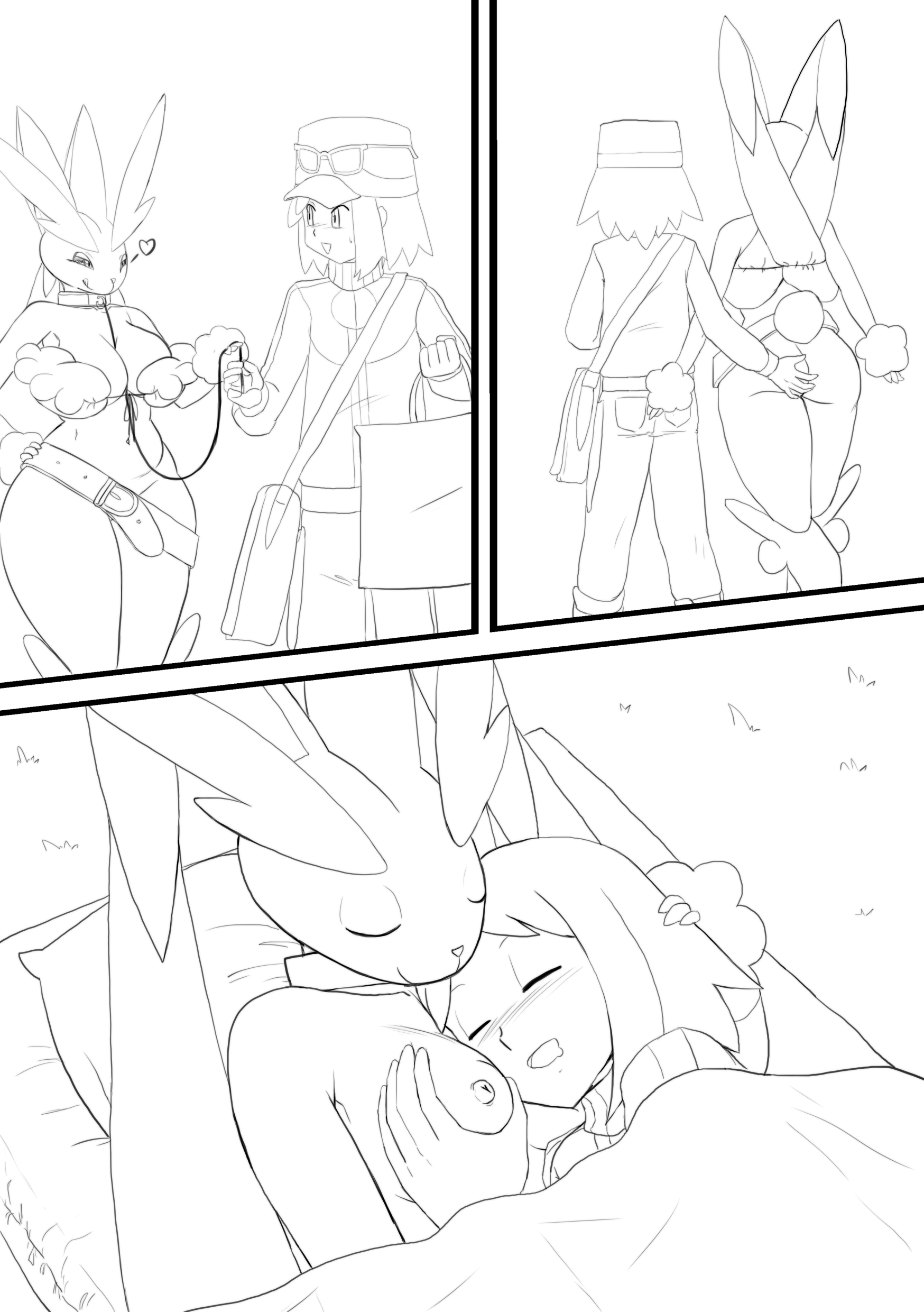 absurd res, anthro, ass, ass grab, bed, bedroom eyes, big ass, big breasts, big butt, black and white, blush, blush lines, bodily fluids, breast grab, breasts, butt grab, calem (pokemon), closed eyes, comic, cuddling, digital drawing (artwork), digital media (artwork), dominant, dominant human, dominant male, dripping, duo, eye contact, female, furniture, grin, hand on ass, hand on breast, hand on butt, head grab, heart, hi res, holding leash, holding object, human, human dominating anthro, human on anthro, interspecies, lagomorph, leash, leash and collar, leashed top, leporid, looking at another, looking at partner, lopunny, love, male, male dominating anthro, male human/female anthro, male human/female pokemon, male on anthro, male/female, mammal, monochrome, narrowed eyes, nintendo, open mouth, pokémon (species), pokemon, pokemon (species), pokemon xy, pokephilia, rabbit, romantic, romantic ambiance, romantic couple, saliva, saliva drip, seductive, shopping bag, sleeping, sleeping together, smile, thick thighs, tongue, tongue out, urielmanx7, video games, wide hips