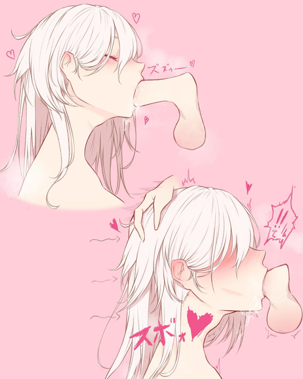 1girls, big penis, blue eyes, blush, cute, deep blowjob, deepthroat, fellatio, female, fringe, head grab, head tilt, heart-shaped pupils, kneeling, light skin, light-skinned female, long hair, long penis, male, oral, pale skin, pale-skinned female, penis, petite, ricmassashi, rikuguma, seductive mouth, slow penetration, submissive female, tagme, throat barrier, throat bulge, throat penetration, tight throat, white hair