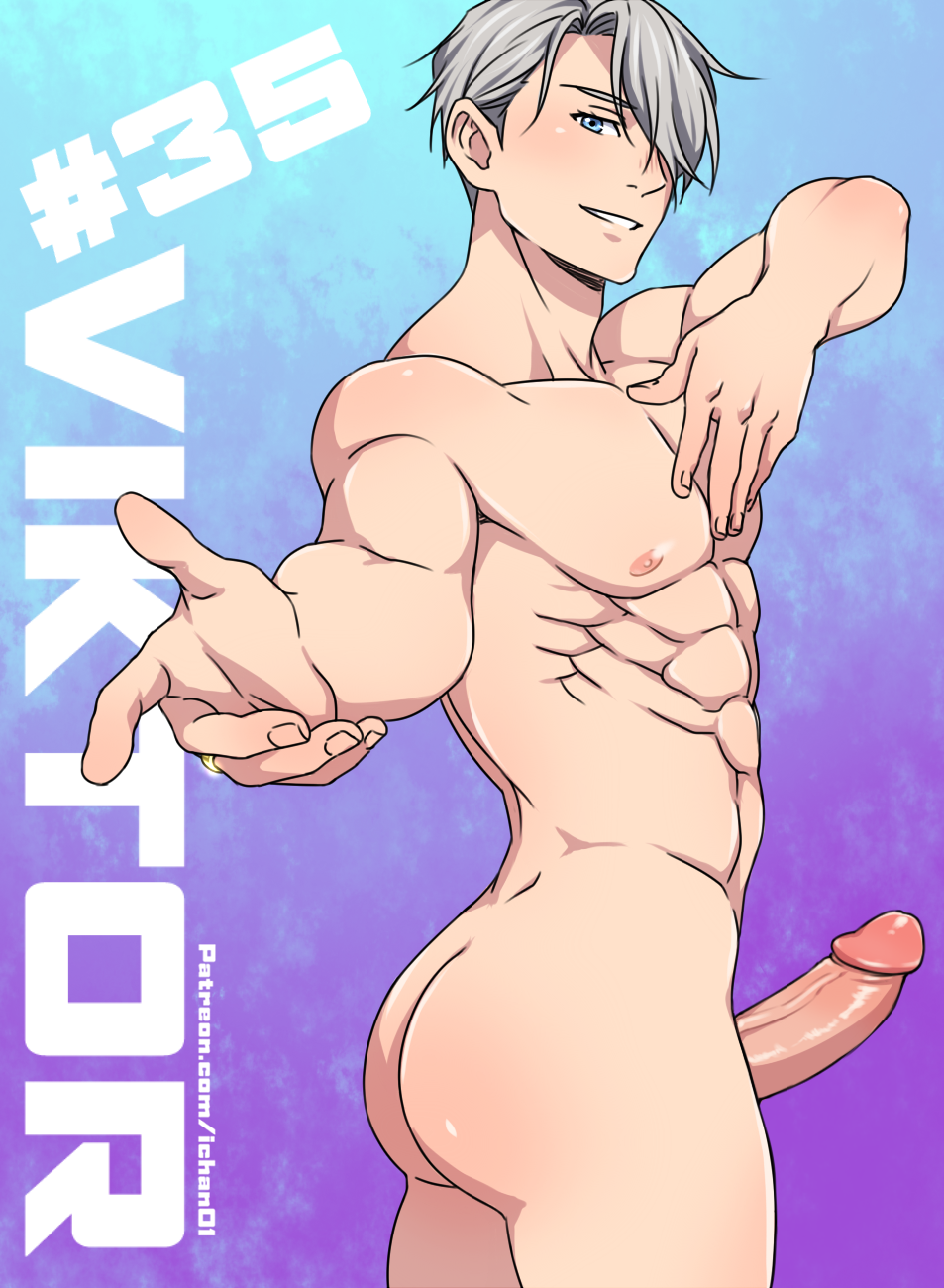 1boy ass black_hair black_hair_bottom domination erection gay ichan light_hair_on_dark_hair male male_focus male_only nude_male penis solo_male text viktor_nikiforov white_hair white_hair_on_black_hair white_hair_top yaoi yuri!!!_on_ice