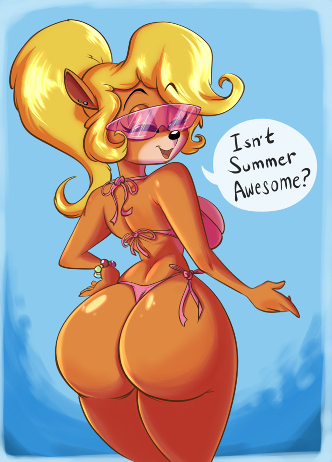 1girls, 2017, activision, anthro, ass, bandicoot, bikini, bikini bottom, bikini top, bubble ass, bubble butt, coco bandicoot, crash (series), female, joelasko, large ass, marsupial, solo, string bikini, summer, swimsuit, thick thighs, thong, wide hips