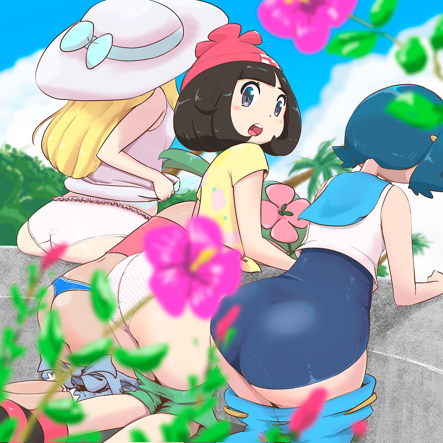 4girls, ass, big ass, bubble butt, female, female only, human, lana (pokemon), lillie (pokemon), mallow (pokemon), microsd (artist), multiple females, multiple girls, nintendo, one-piece swimsuit, panties, pants down, pokemon, pokemon sm, selene (pokemon), short hair, swimsuit, thick thighs