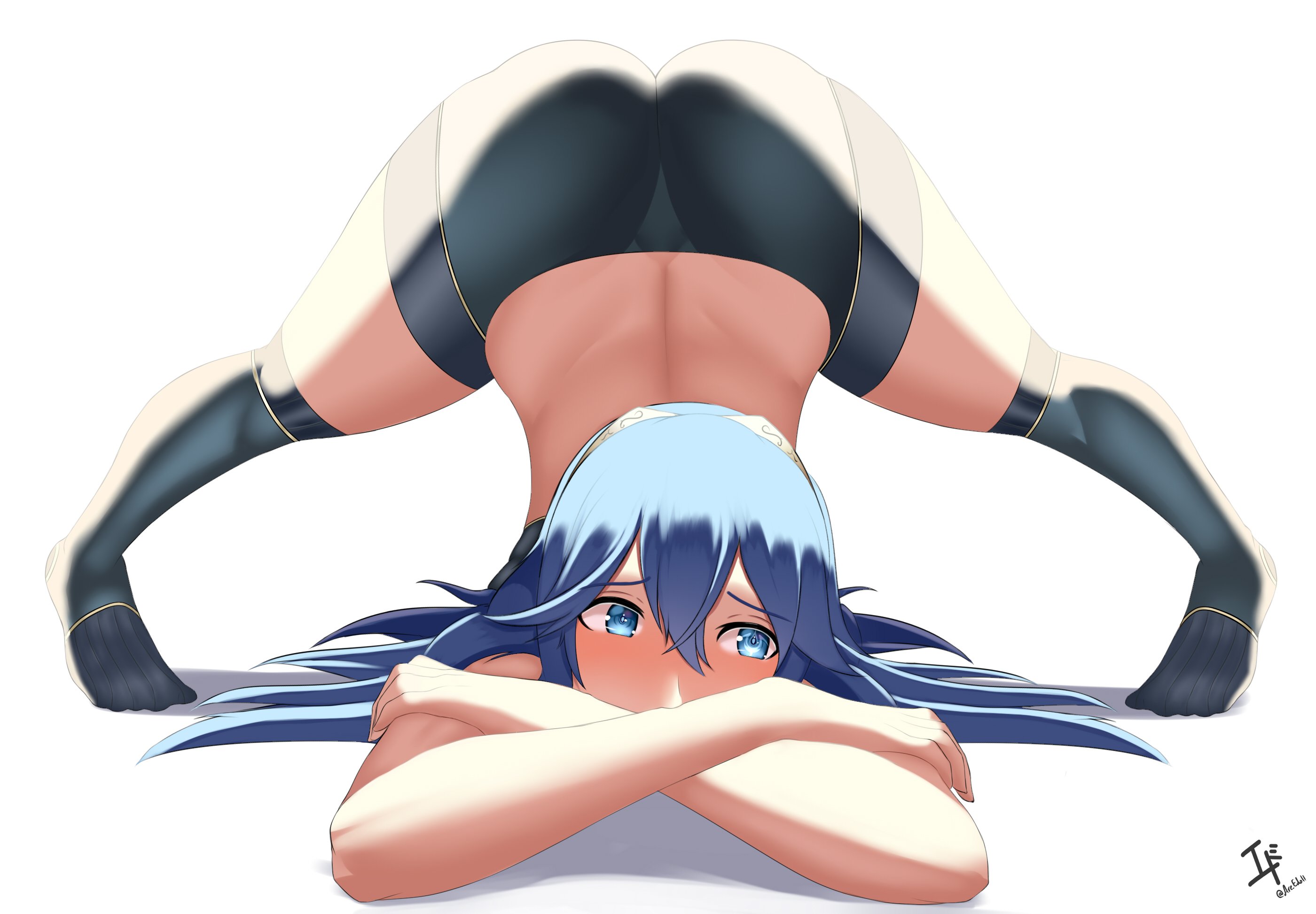 1girls, arcedo, ass, ass up, blue eyes, blue hair, blush, crossed arms, embarrassed, face down ass up, female, fire emblem, fire emblem awakening, jack-o pose, large ass, long hair, looking away, lucina (fire emblem), nintendo, pose, shorts, socks, solo, spread legs, symbol-shaped pupils, tiara