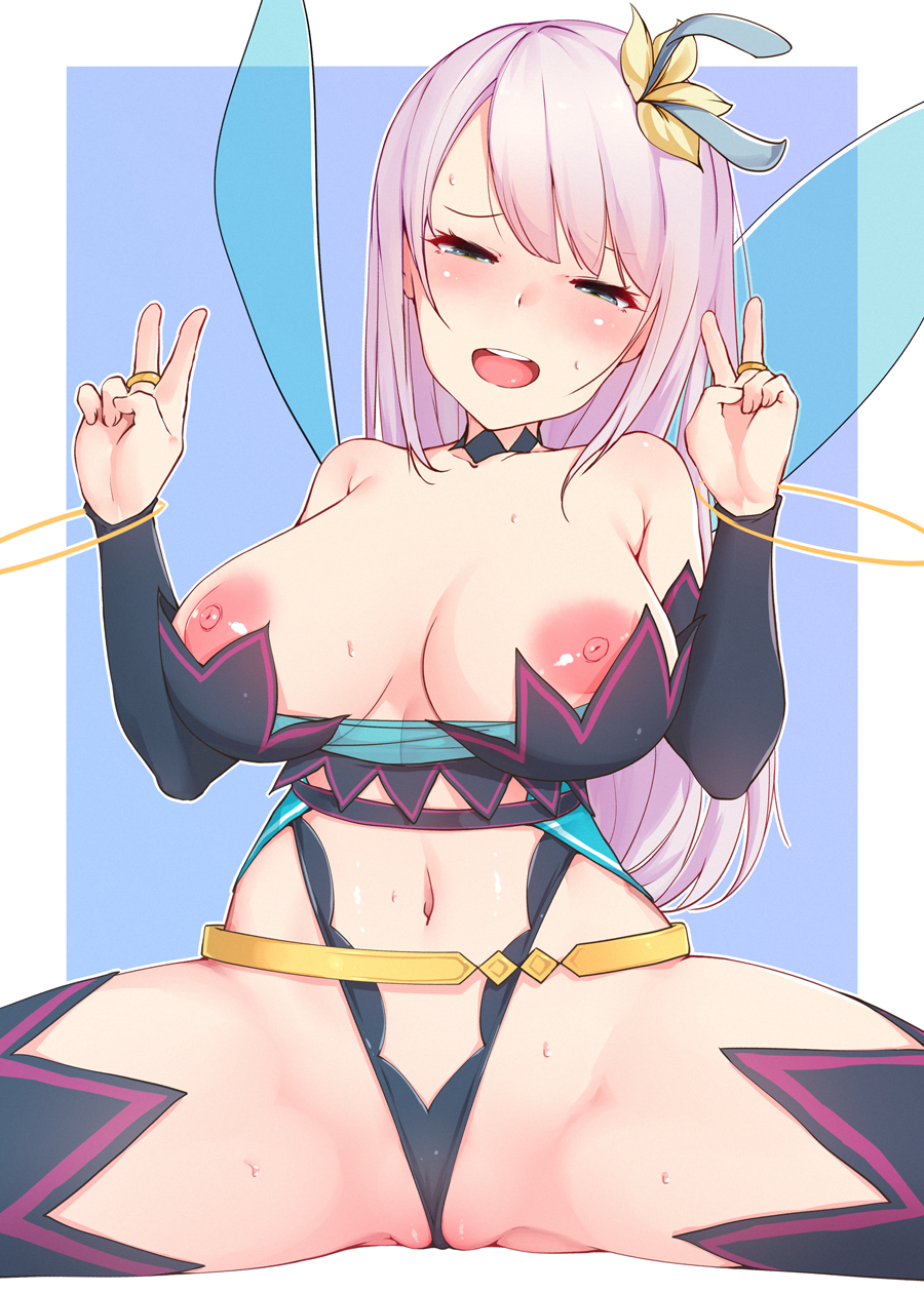 big_breasts blue_eyes blush breasts donedone fairy kisaragi_reona kyuukyoku_shinka_shita_full_dive_rpg_ga_genjitsu_yori_mo_kusoge_dattara looking_at_viewer nipples pew_pew pussy smile sweat uncensored white_hair