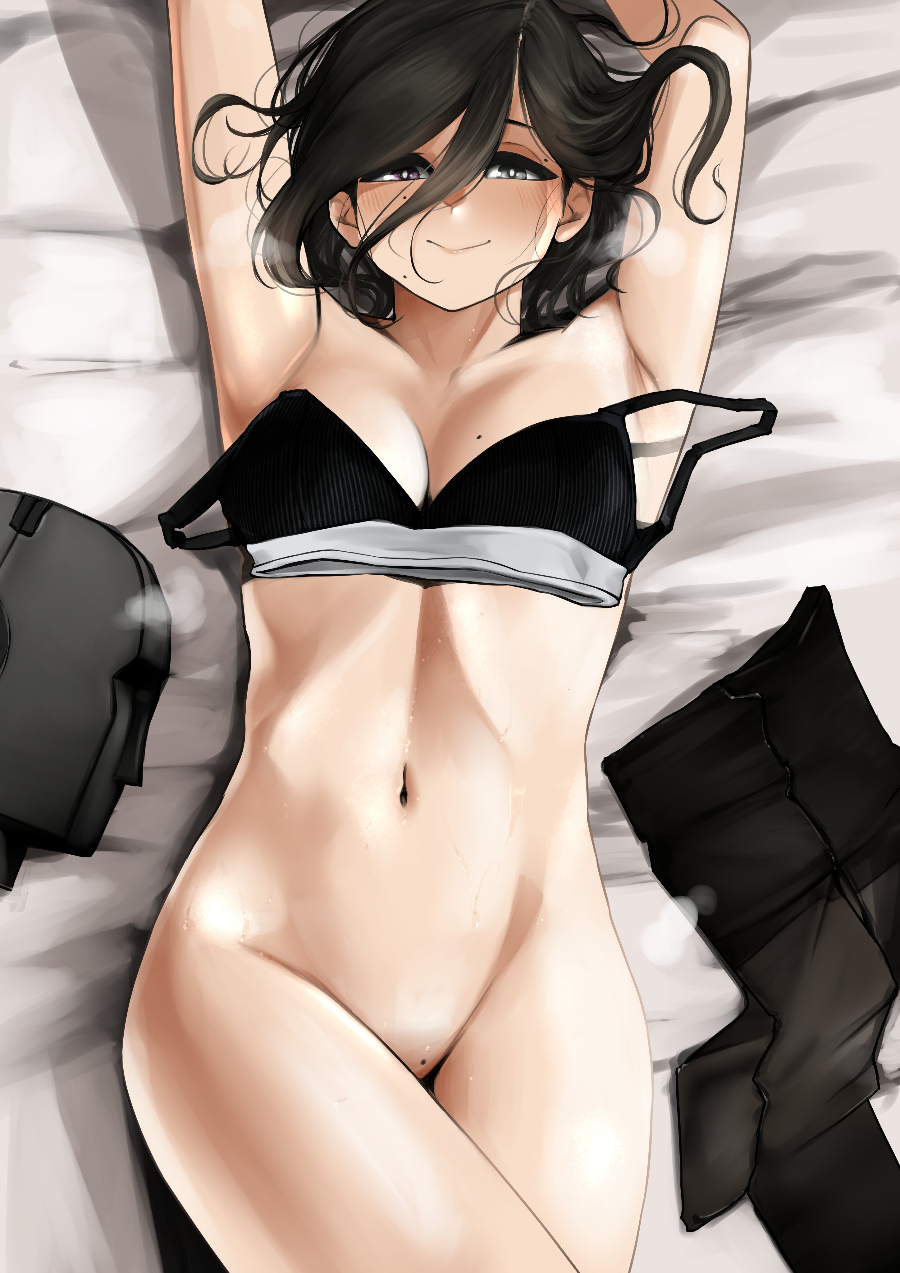1girls, above view, absurdres, armpits, arms up, black hair, blue eyes, bottomless, bra, breasts, female, female only, fringe, hair over one eye, heterochromia, highres, kamura (rain prophet), light skin, light-skinned female, looking at viewer, pale skin, pale-skinned female, petite, pupi, rain prophet, seductive look, sexy armpits, short hair, small breasts, solo, steaming body, sweat