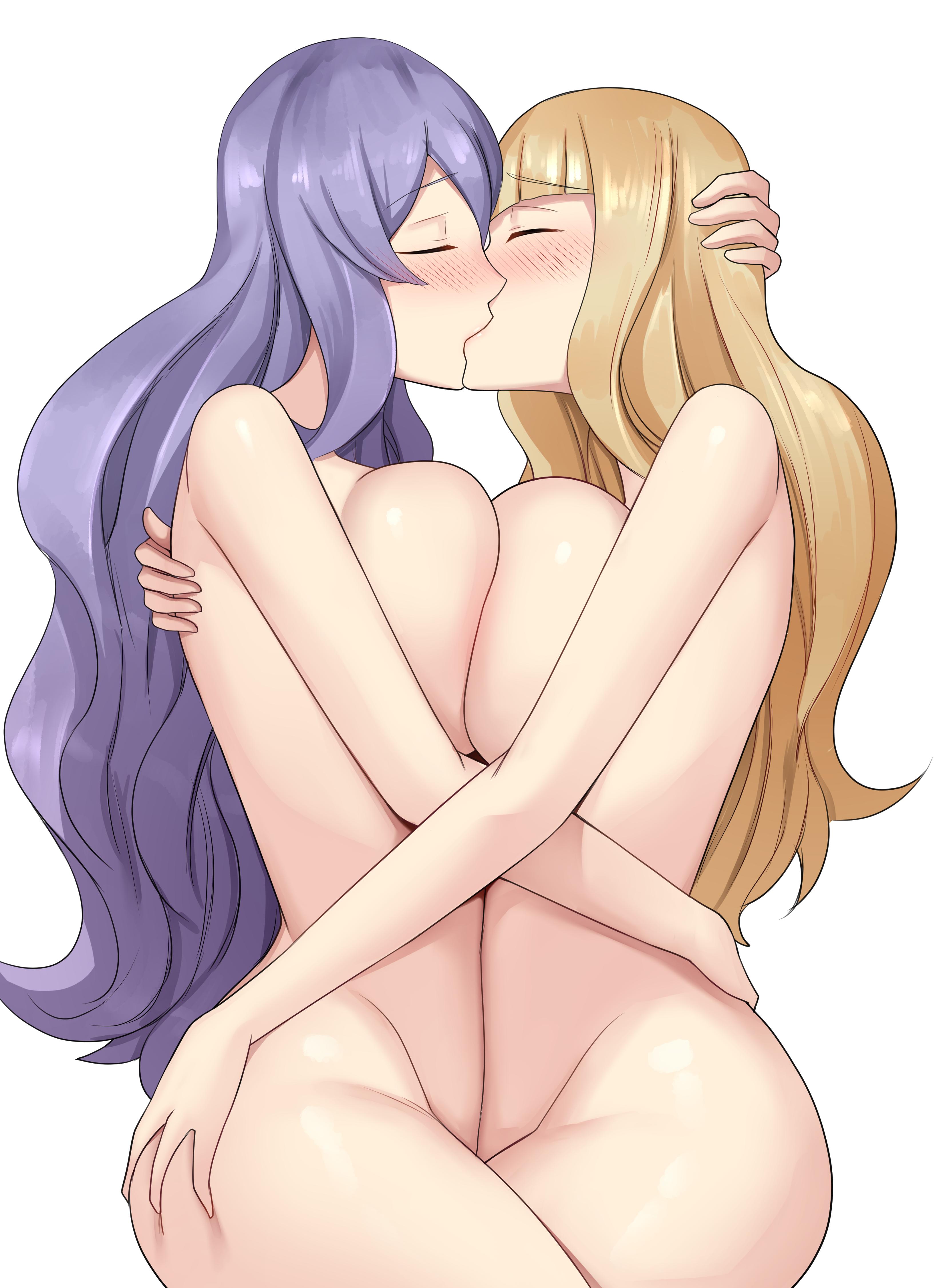 2girls, ass, ass grab, bangs, blonde hair, blush, breast press, breast squish, breasts, camilla (fire emblem), charlotte (fire emblem), closed eyes, commission, completely nude, deep kissing, devilukez, female, female only, female/female, fire emblem, fire emblem fates, hug, huge breasts, kissing, large breasts, lesbian, lesbian kiss, lesbians, long hair, making out, multiple females, multiple girls, mutual yuri, nintendo, nude, nude female, passionate, purple hair, symmetrical docking, white background, yuri