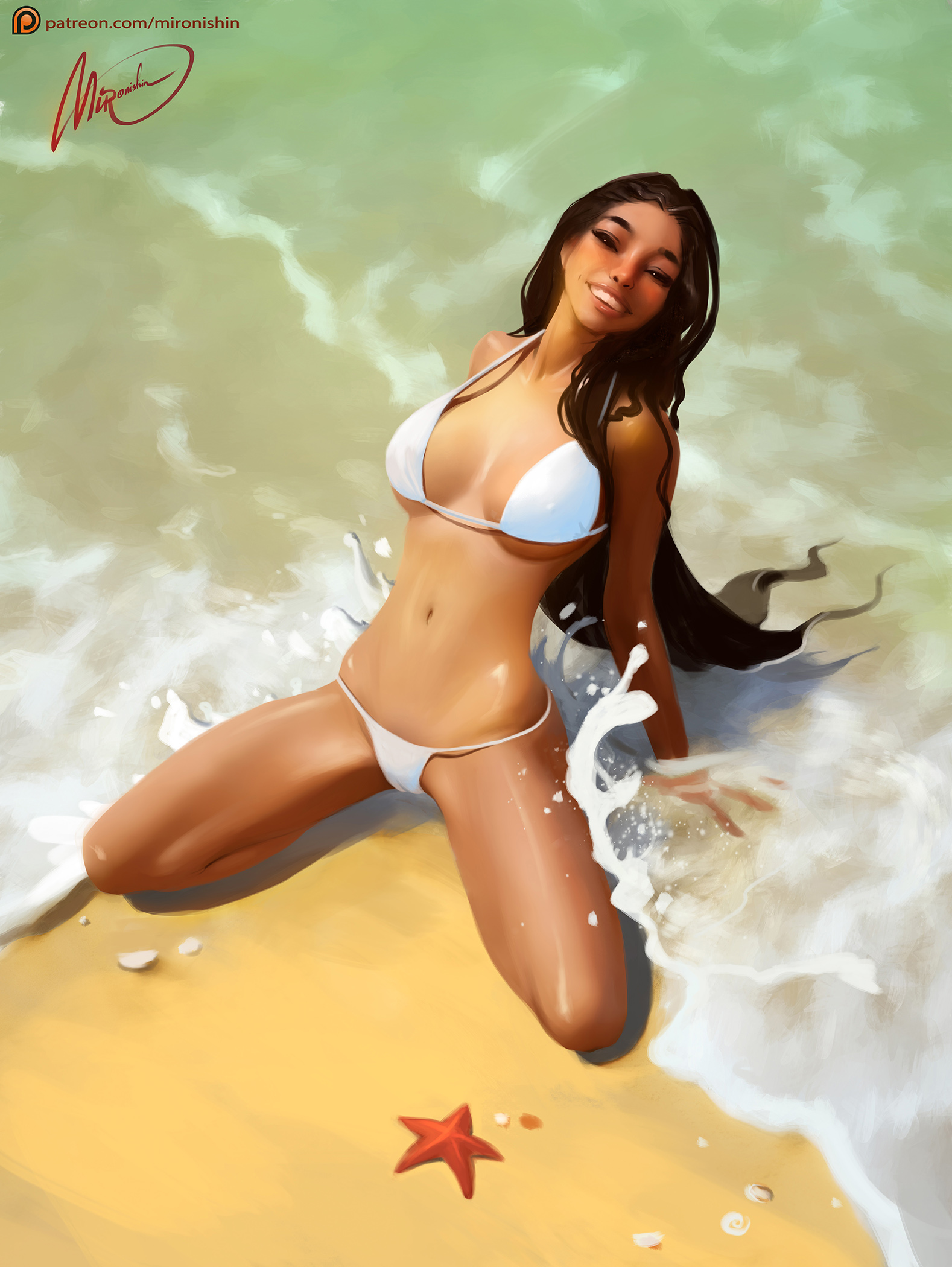 1girls, beach, big breasts, bikini, breasts, brown eyes, brown hair, cameltoe, cleavage, female, female only, large breasts, looking at viewer, mironishin, original, original character, pussy, seaside, viewed from above, voluptuous