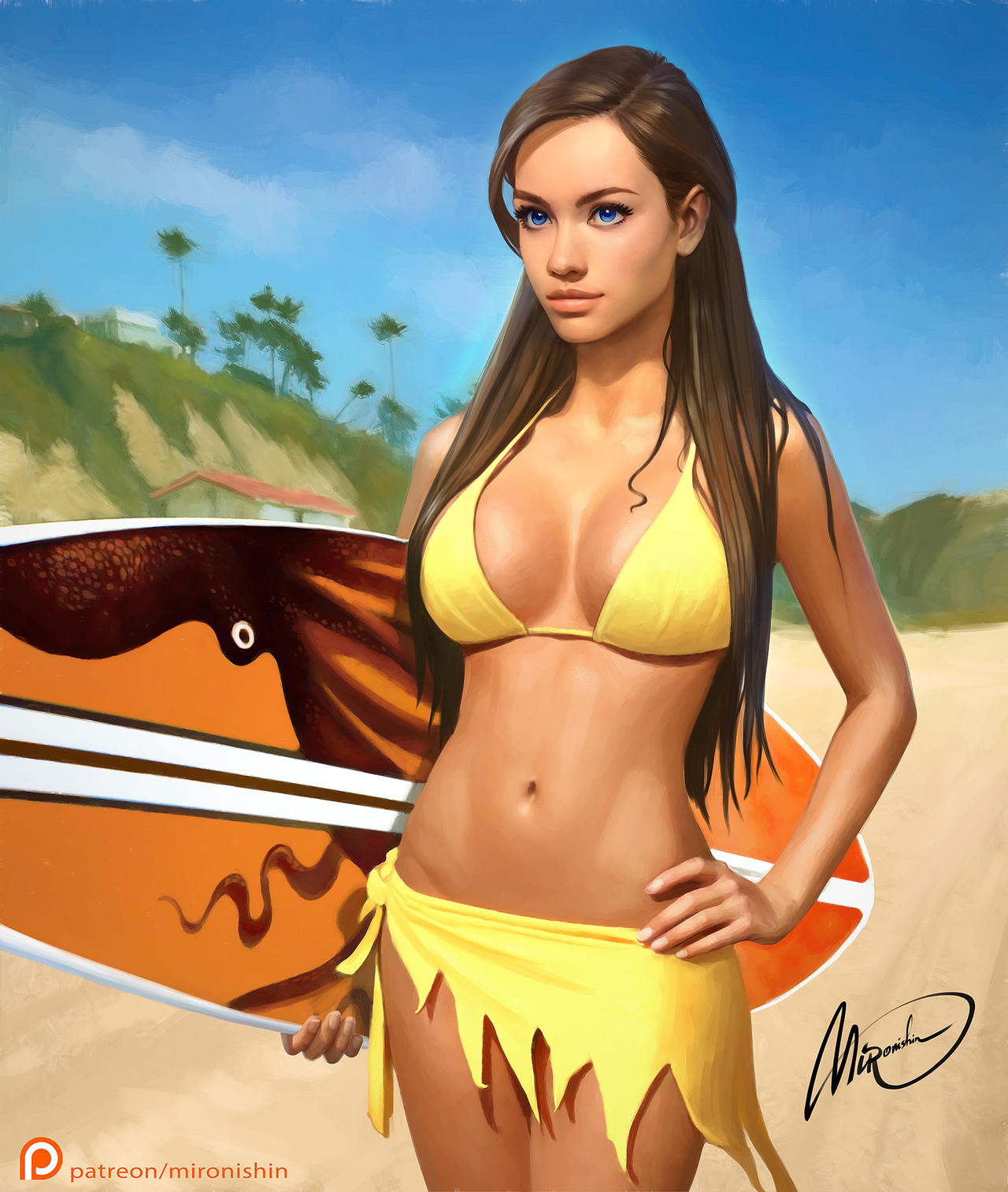 1girls artist_signature beach bikini_top blue_eyes brown_hair cropped_legs female female_focus female_only hand_on_hip holding_object large_breasts long_hair miniskirt mironishin patreon_username seaside straight_hair string_bikini surfboard