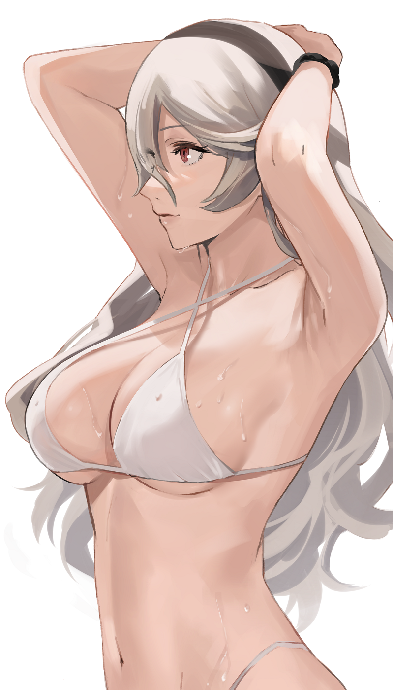 1girls, alternate costume, armpits, arms behind head, arms up, bangs, bare shoulders, bikini, breasts, cleavage, collarbone, corrin (fire emblem), corrin (fire emblem) (female), female, fire emblem, fire emblem fates, hair between eyes, hairband, hartman hips, highres, j@ck, large breasts, long hair, nintendo, red eyes, solo, swimsuit, underboob, wet, white background, white bikini, white hair, white swimsuit